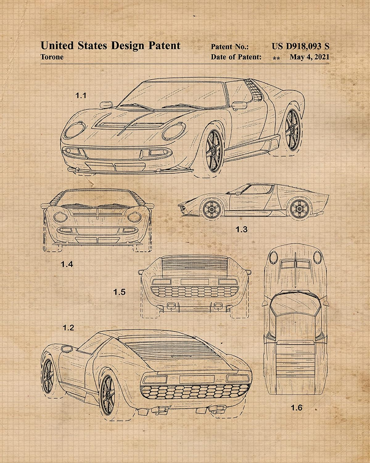 Classic Cars Patent Prints, 6 (8×10) Unframed Photos, Wall Art Decor Gifts for Home Lamborghini Office Gears Garage Shop School Racing Engineer