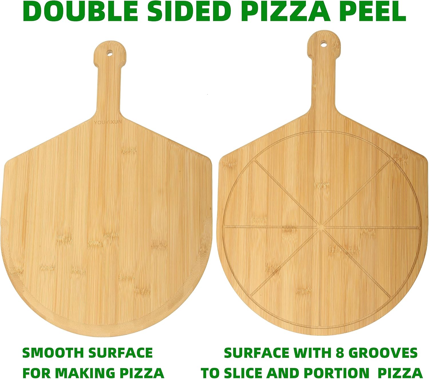 YOUYIXUN Pizza Peel de 12 pulgadas, espátula de madera de doble cara para pizza, accesorio para horno, tabla de pizza de bambú con asa, tabla de