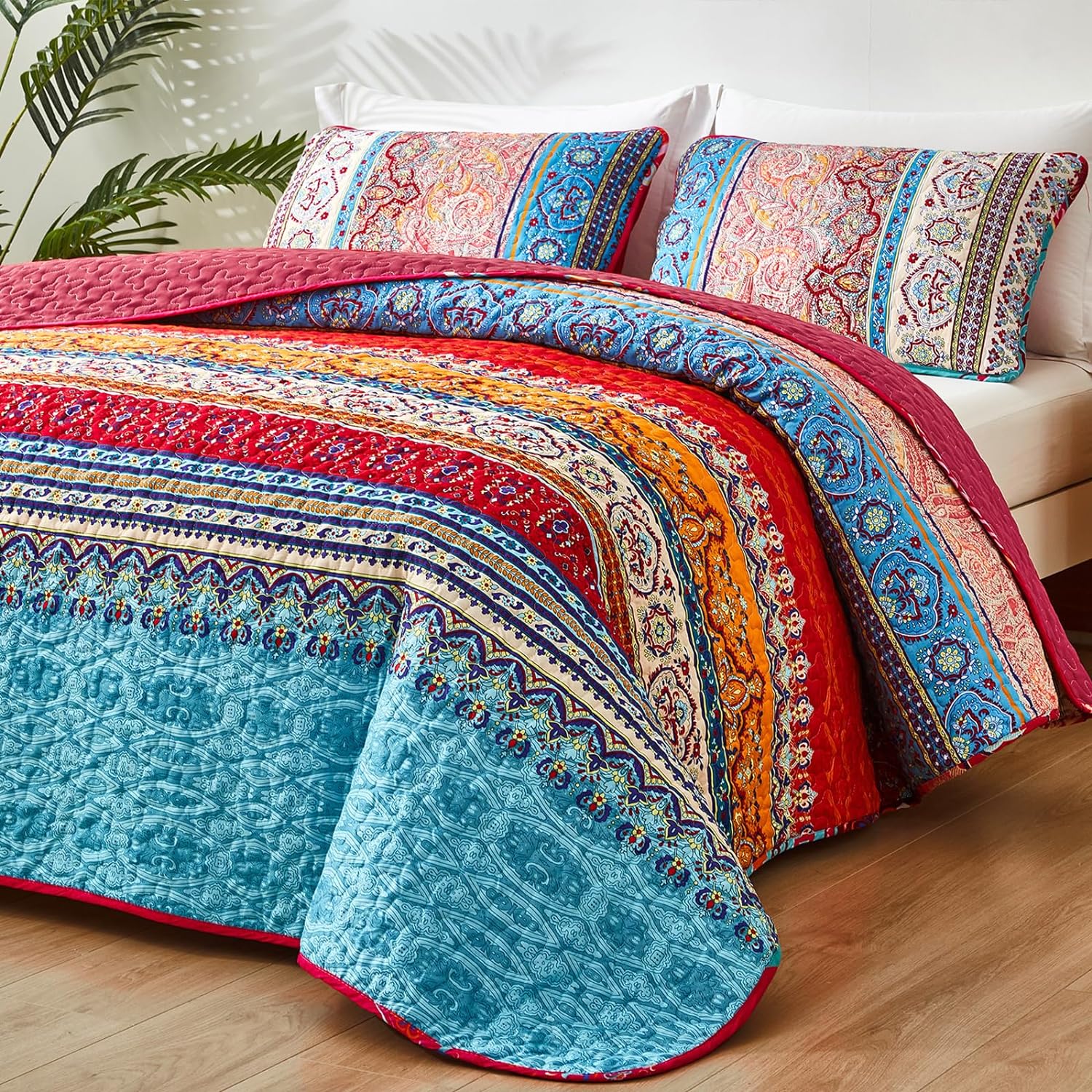 WONGS BEDDING Juego de edredón bohemio tamaño Queen, juego de edredón de 3 piezas de rayas bohemias de Navidad, juego de edredón de microfibra