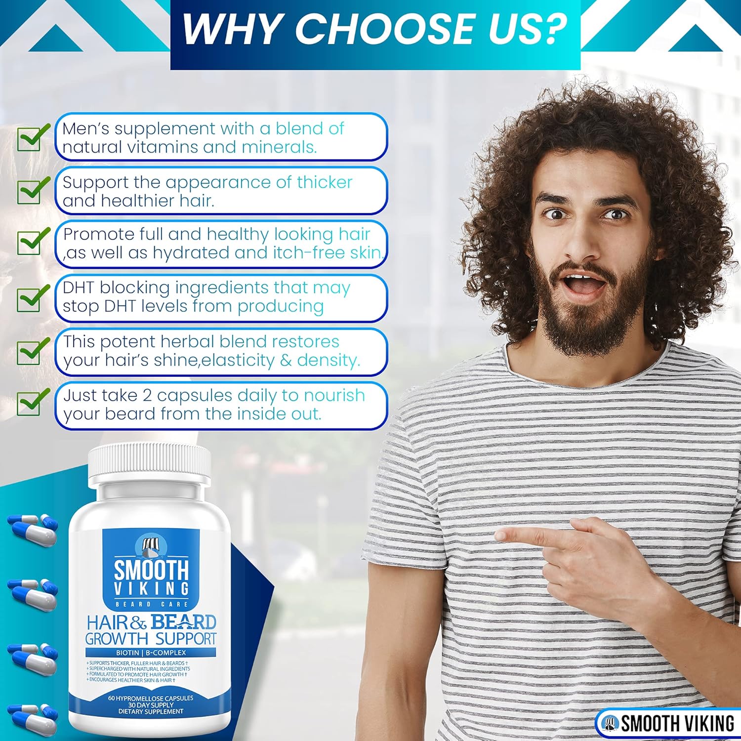 Suplemento para el crecimiento de la barba, vitaminas para el crecimiento del cabello para hombres (60 cápsulas), 5000 MCG de biotina y DHT