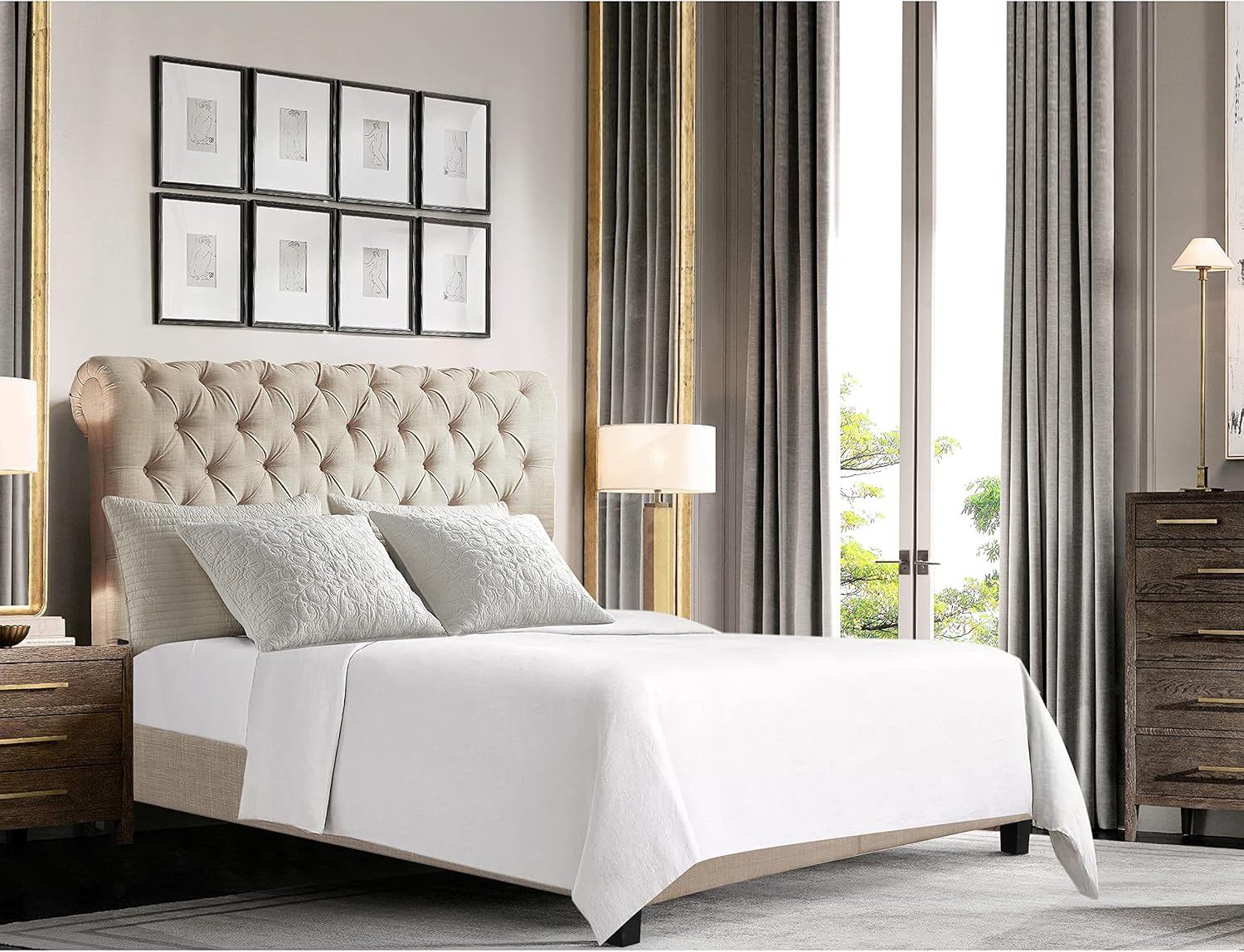 Rosevera Corrine – Base de cama tapizada con cabecero acolchado con botones, cabecera ajustable, cabecera enrollada, soporte de listones de madera,