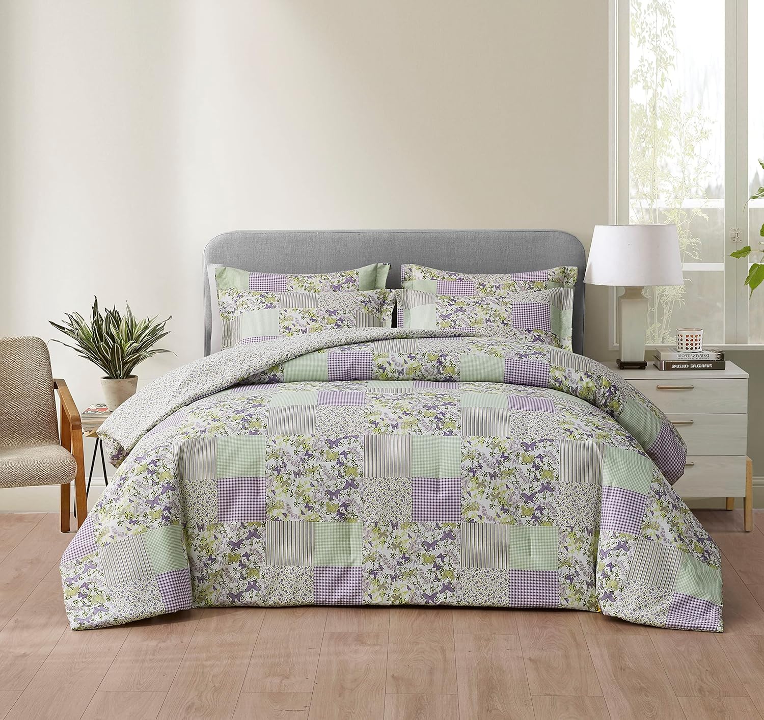 Chezmoi Collection Daisy – Juego de edredón de retazos estampado de 3 piezas, diseño a rayas de caramelo botánico de mariposa morada, a cuadros,