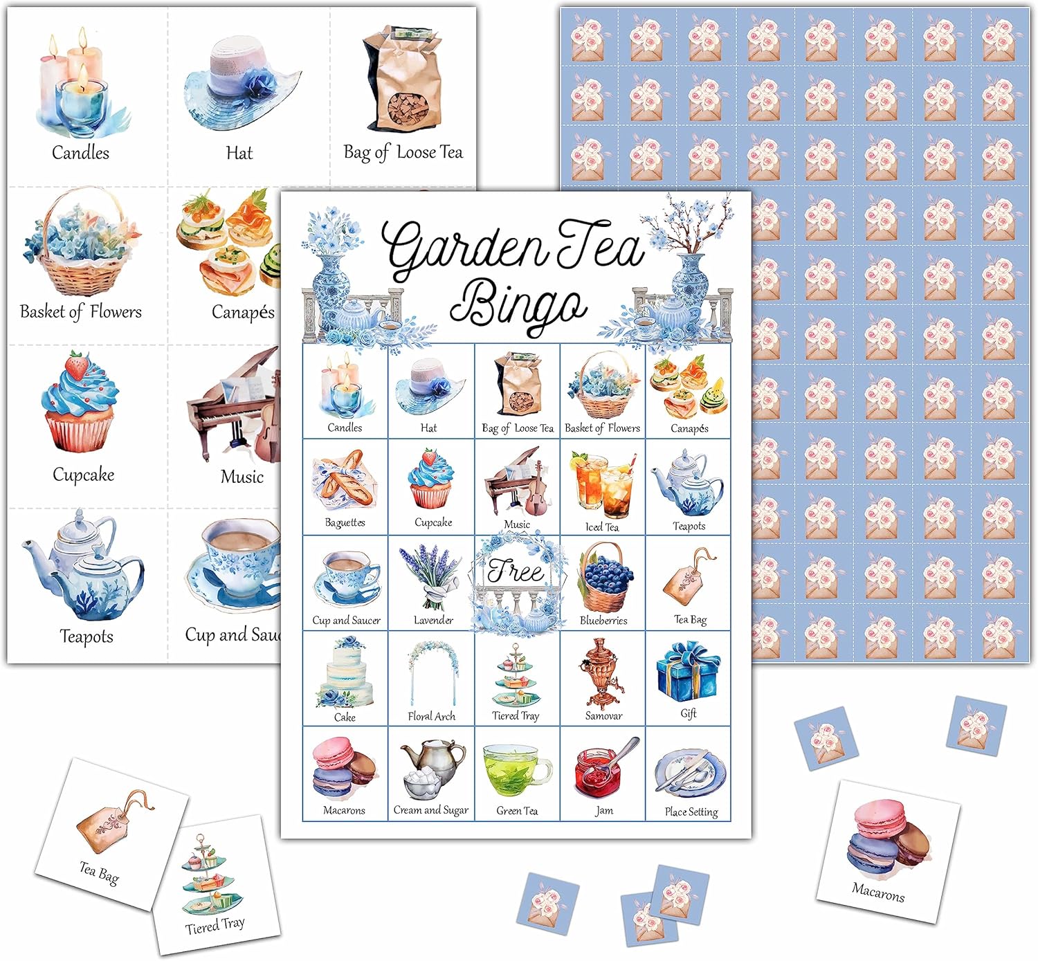KFNER Juego de bingo de té de jardín, tarjeta de bingo para fiesta de té, juego de bingo para 24 jugadores, actividades en interiores y exteriores,
