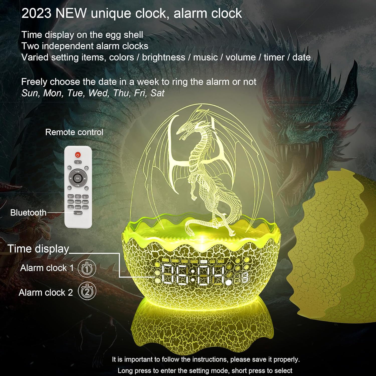 Unique Dragon Egg Alarm ClockNight LightLullaby White NoiseBluetooth Speaker 4-in-1, Remote Control 16 Colors & Brightness & Volume, for KidsAdult