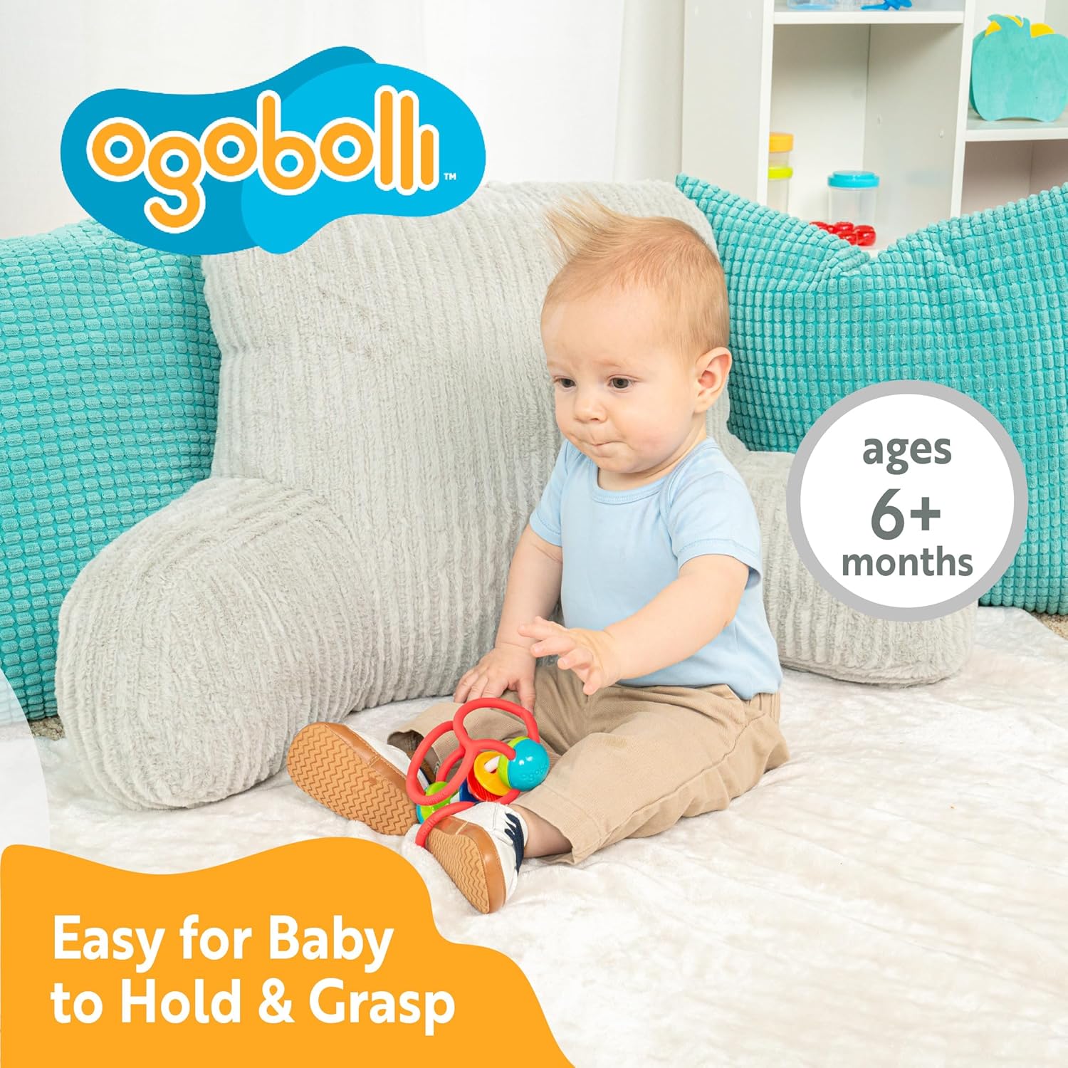 OgoBolli – Anillo de mordedor, bola sensorial táctil y sonajero para bebés y niños pequeños, elástico, esponjoso, suave, no tóxico, silicona para