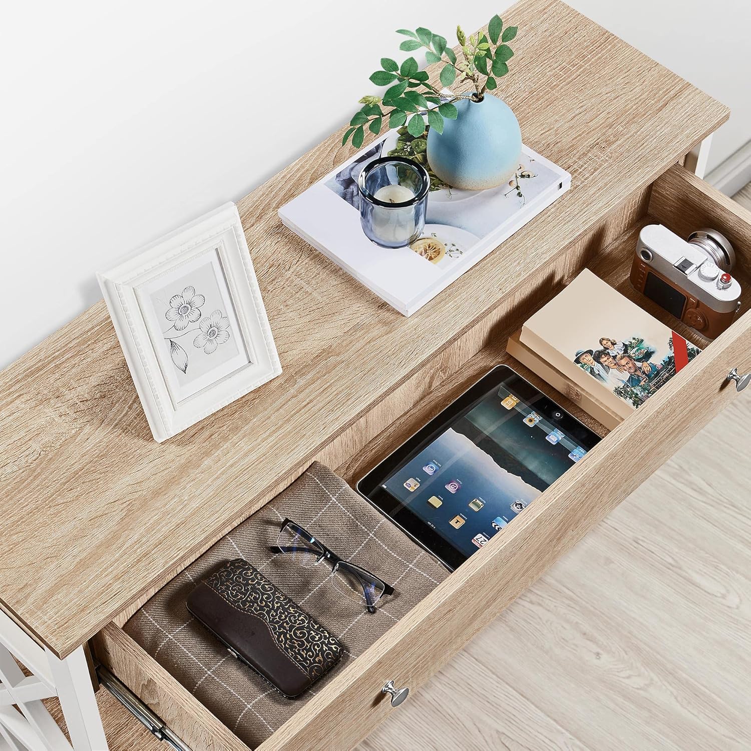 Yaheetech – Mesa recibidor retro de 3 niveles con cajón para la entrada, alta con almacenamiento para sala de estar, mesa de sofá con cajón largo y