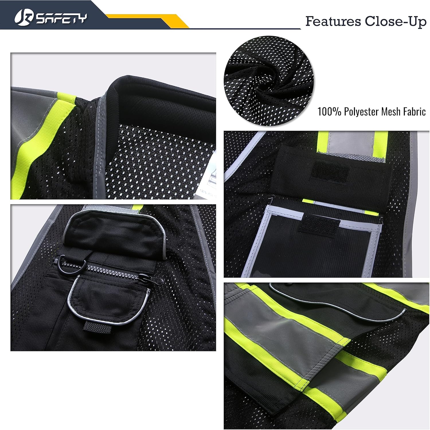 JKSafety Chaleco de seguridad negro de alta visibilidad con 9 bolsillos para hombres y mujeres, construcción reflectante, tela de malla de alta