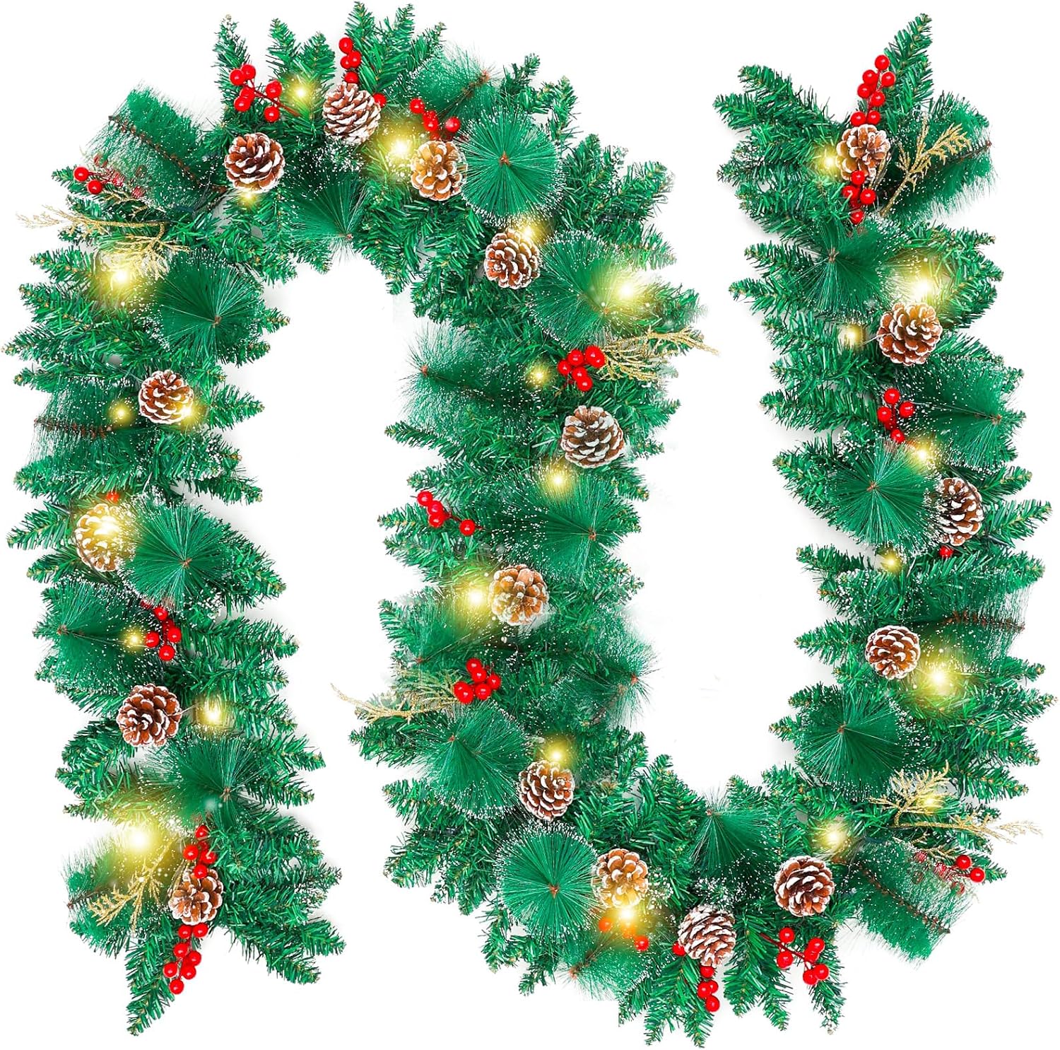 Joyhalo Guirnalda de Navidad de 9 pies con luces que funciona con pilas, guirnalda de Navidad preiluminada al aire libre para manto, guirnalda de