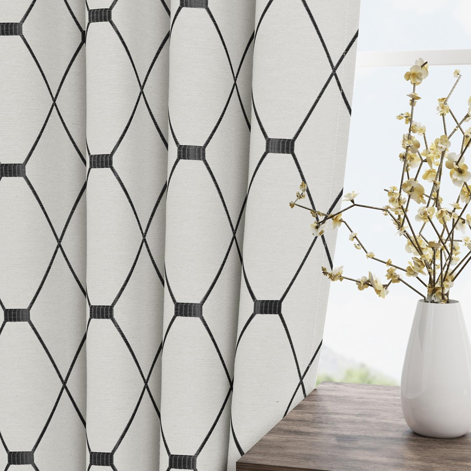 Cortinas de oscurecimiento de habitación con patrón gómetrico negro de 96 pulgadas de largo para sala de estar, juego de 2 paneles, decoración