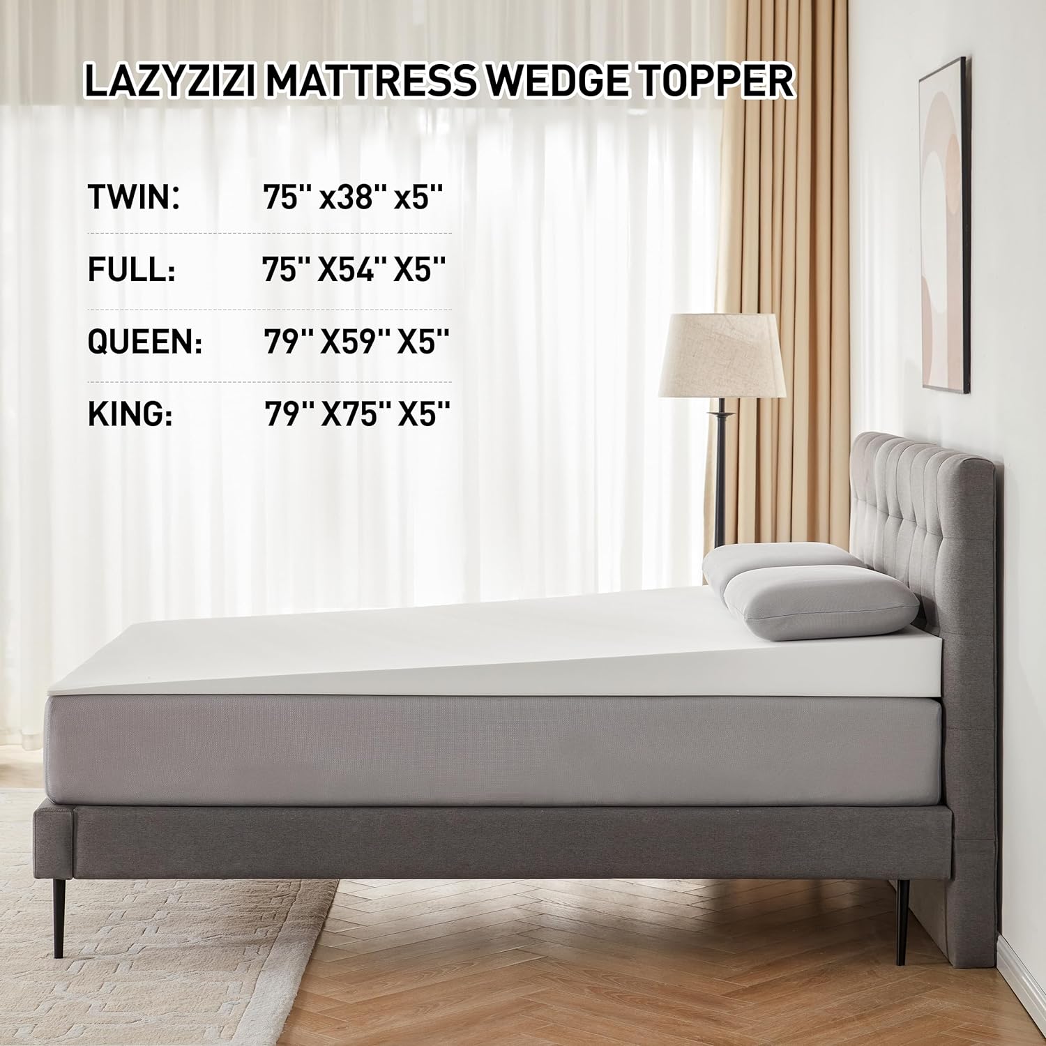 Lazyzizi Cubrecolchón de cuña inclinada King de 5 pulgadas para reflujo ácido, GERD, dolor de cuello y espalda, ronquidos, elevador ajustable debajo