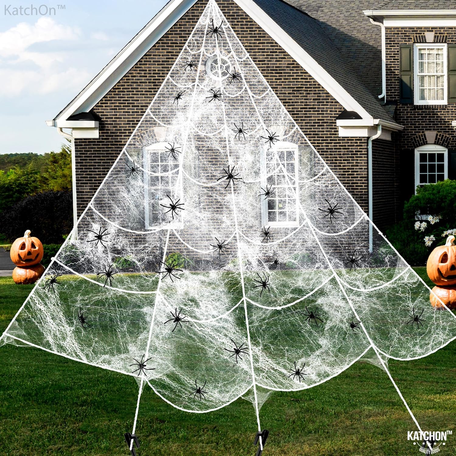 Katchon, Decoraciones de Halloween de araña gigante, paquete de 2, telaraña triangular de Halloween para exteriores, cuerda de telaraña, decoración