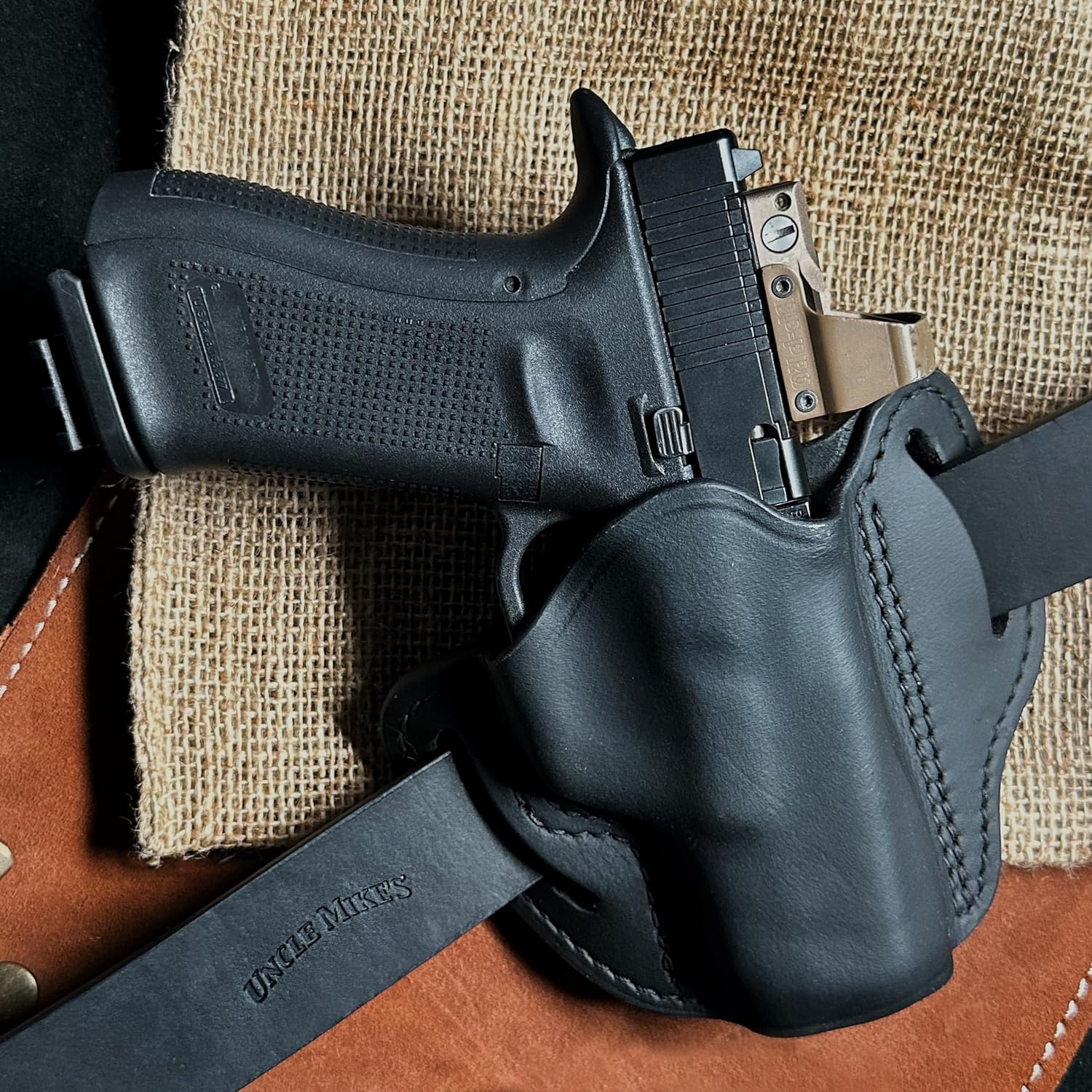 Uncle Mike’s Funda Taurus G3C, funda de cuero OWB para Glock 19, Glock 17, 19, 22, 23, Taurus G2C, M&P Shield 0.354 in, funda Shield Plus, funda