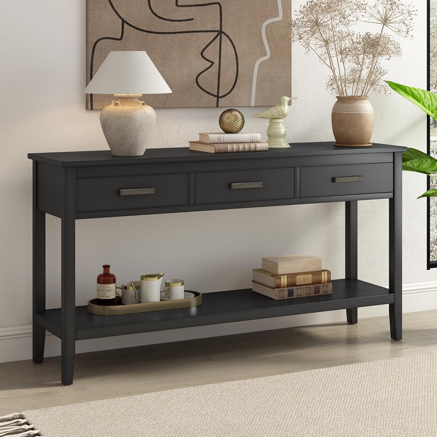 Moderna mesa consola de 3 cajones con 1 estante, mesa auxiliar de madera maciza para pasillo, sala de estar, vestíbulo, pasillo, fácil de montar