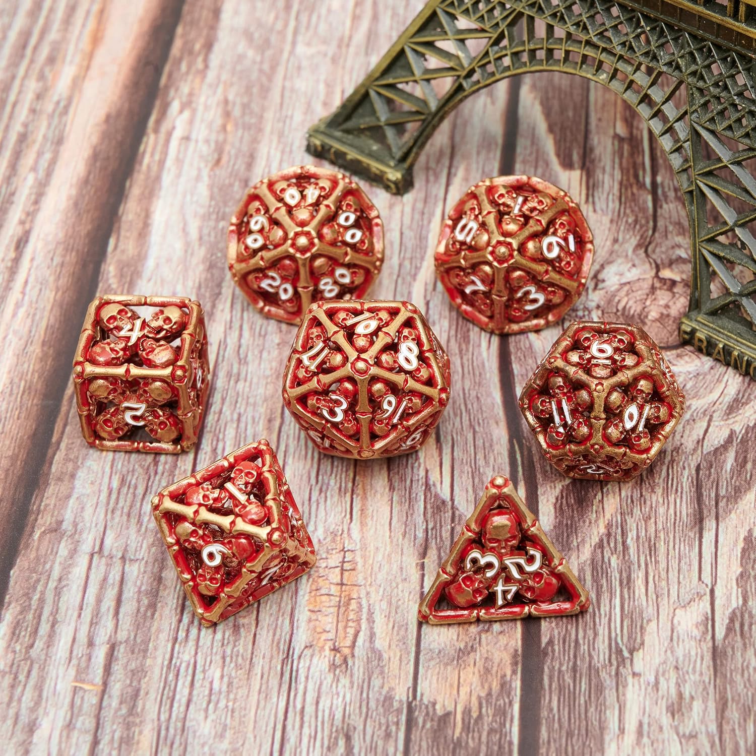 Juego de dados de metal huecos poliédricos de calavera, adecuado para Calabozos y Dragones, RPG, MTG, juegos de mesa D&D, Pathfinder Shadowrun y