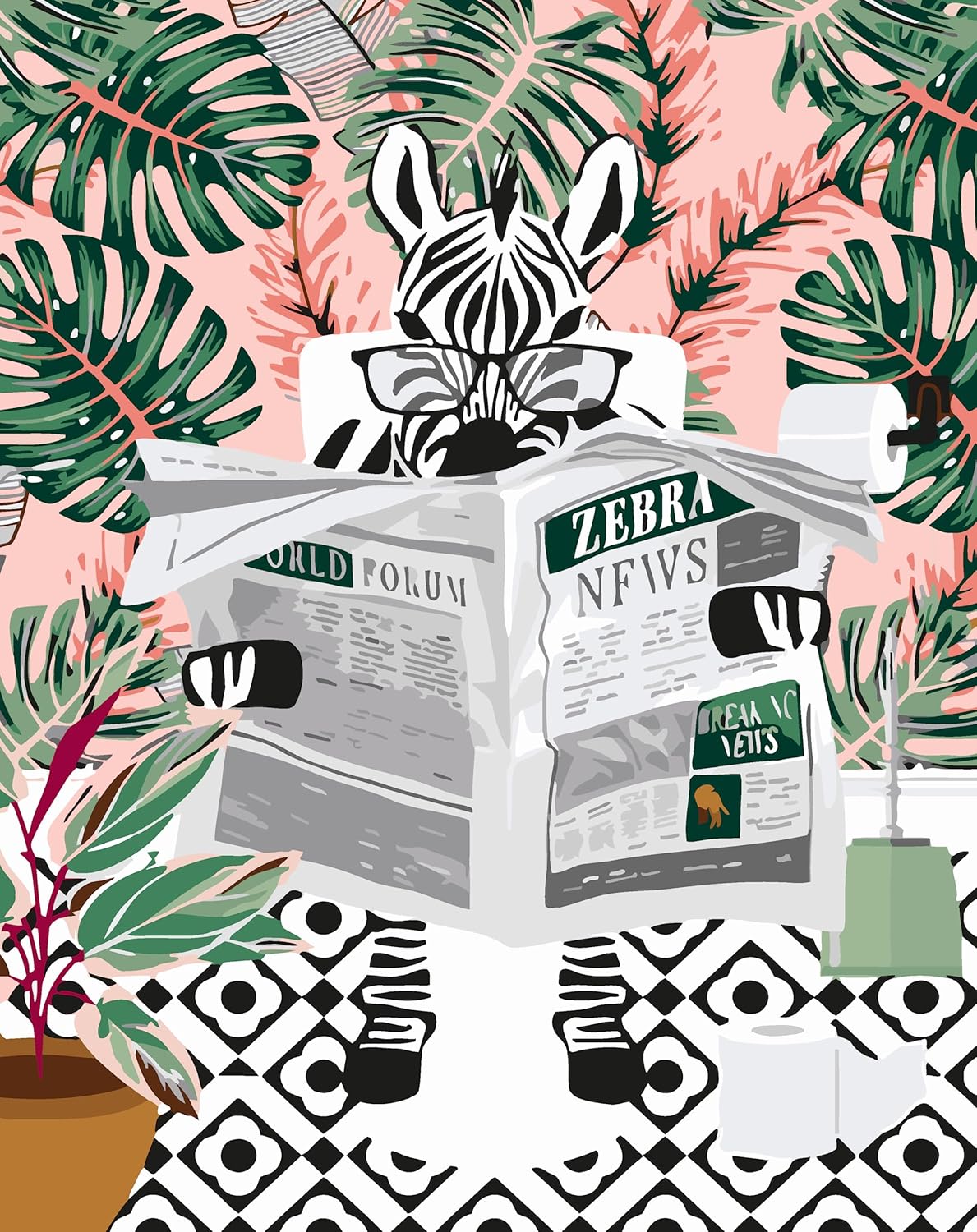 Bumbers – Divertida pintura de baño para adultos, diseño de cebra, periódico, pintura por números, pintura acrílica, lienzo, decoración de cocina,