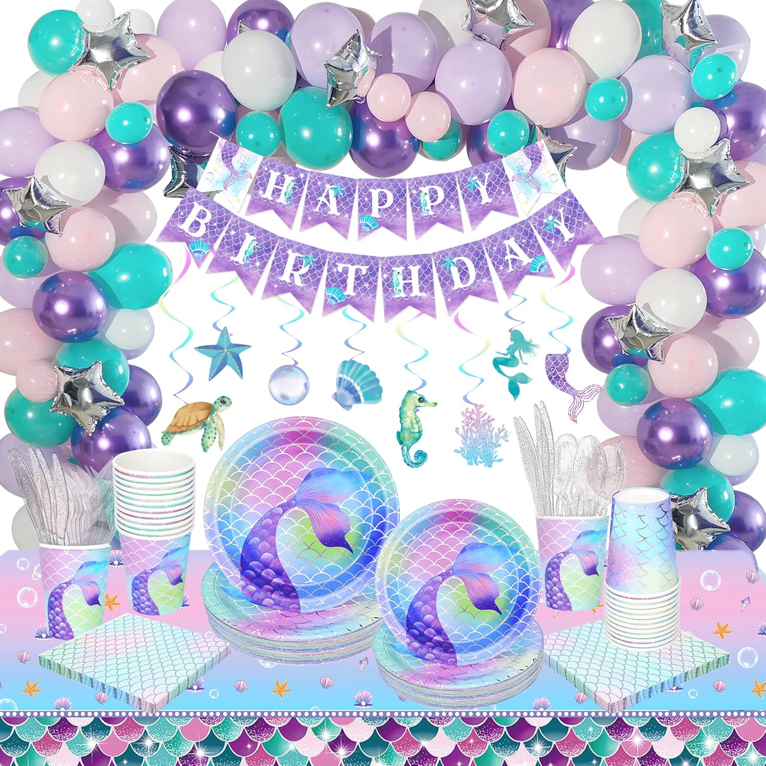 309 piezas de suministros de fiesta de cumpleaños de sirena (sirve 24), decoraciones de fiesta de cumpleaños de sirena para niñas, decoración de