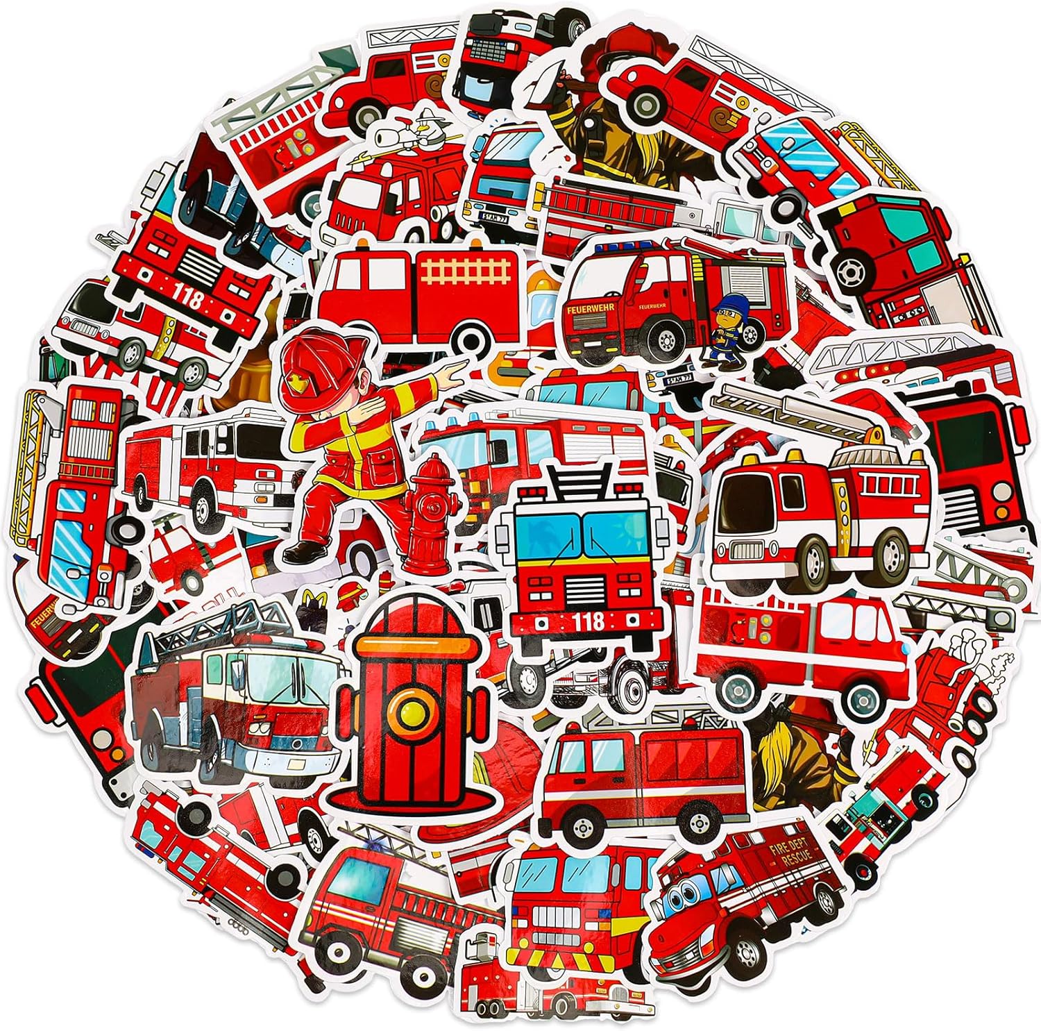 Glenmal 100 calcomanías de camión de bomberos para niños, calcomanías de bomberos, lindos camiones de bomberos, regalos de fiesta de cumpleaños,