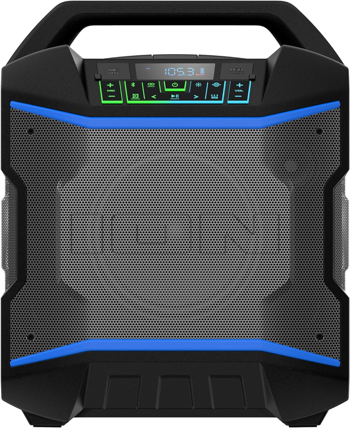 ION Block Rocker – Altavoz portátil Bluetooth para fiestas al aire libre con micrófono de karaoke, batería, 4 altavoces, radio, puerto USB,