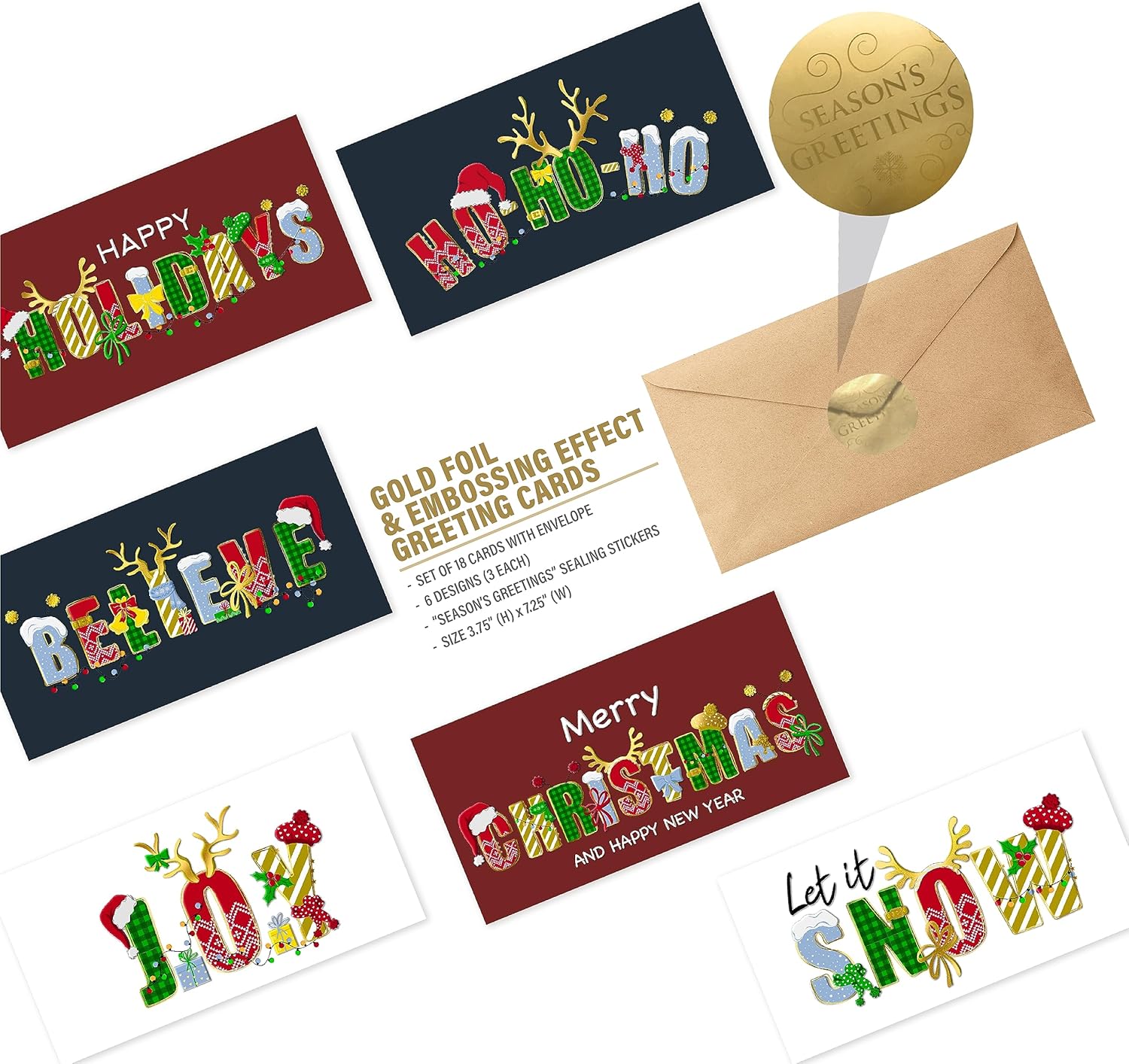 easykart labels Surtido de 18 tarjetas de Navidad con sobres y calcomanías de sellado, 6 diseños temáticos navideños con efecto de lámina y relieve,
