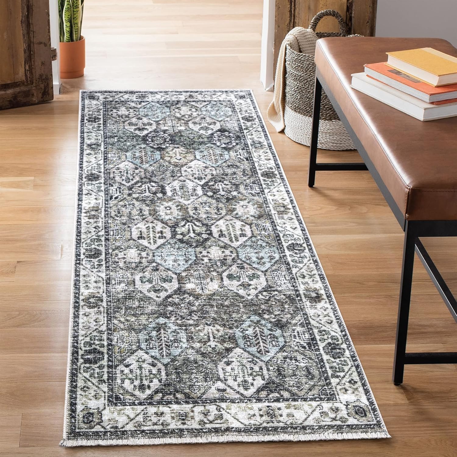 Bloom Rugs – Alfombra caminera Caria lavable, antideslizante, de 1,83 m, color beige y oliva, para entrada, pasillo, baño y cocina, tamaño exacto