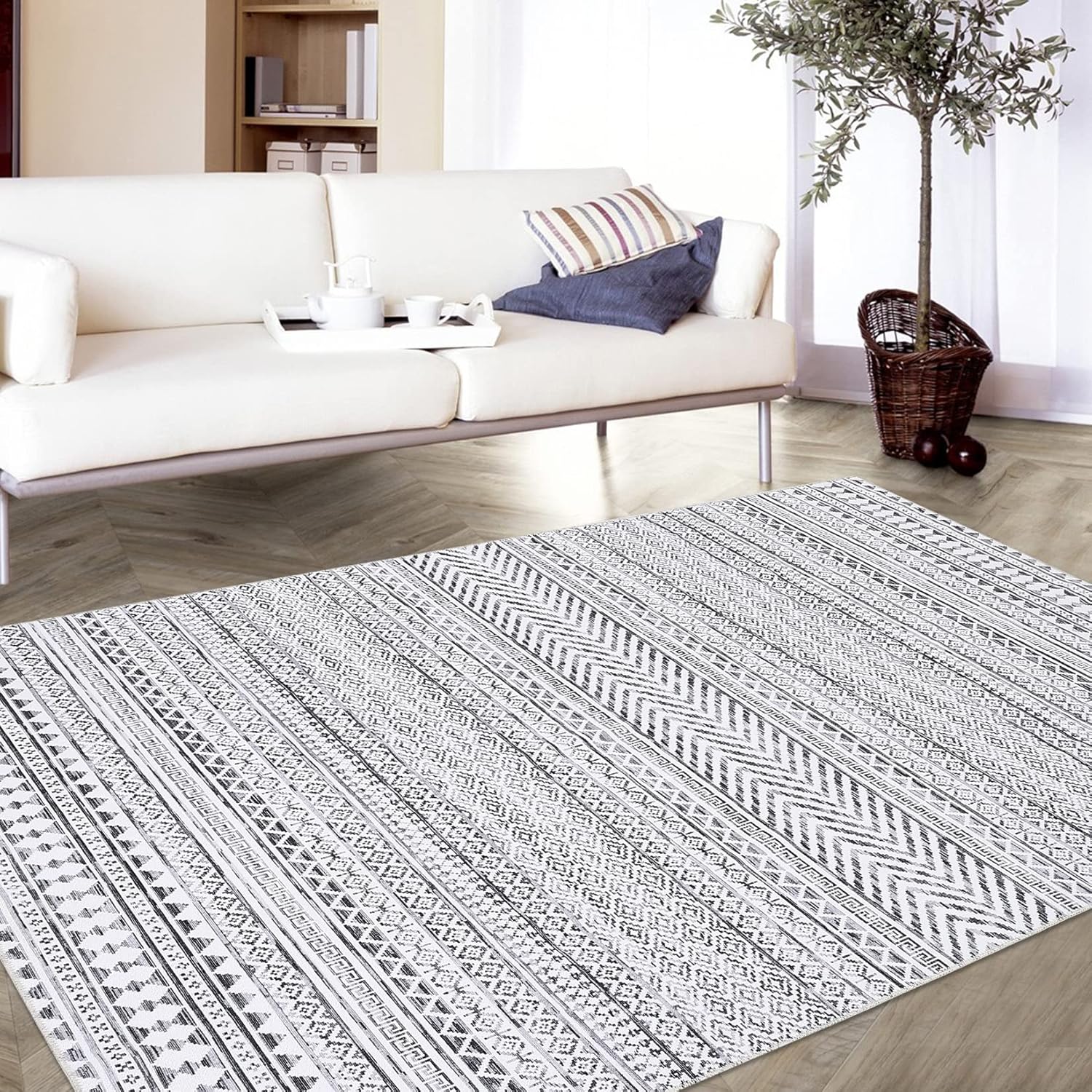 RUGSREAL Alfombra bohemia lavable a máquina para sala de estar, alfombra de pelo bajo, antideslizante, resistente a las manchas, para dormitorio,
