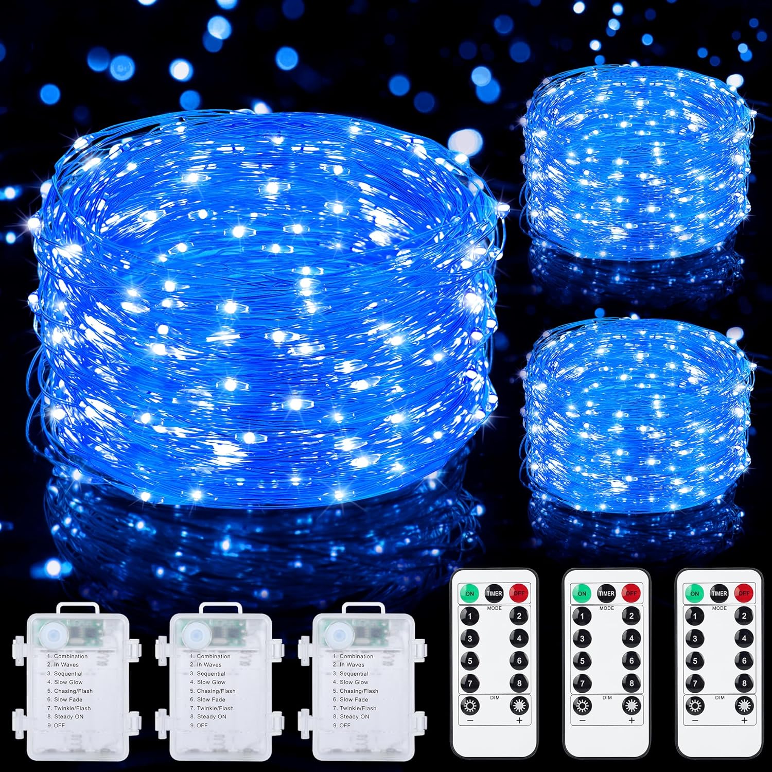 Mlambert Paquete de 3 tiras de luces de hadas de 33 pies, funciona con pilas con control remoto y temporizador, 100 LED regulables, impermeables,