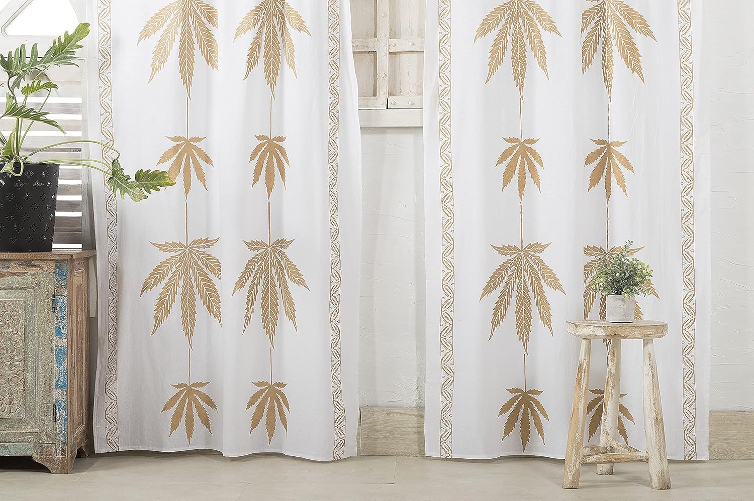 Popular Handicrafts Cortina de ventana con estampado de hojas de oro, estilo hippie, indio, bohemio, hermoso, para ventana, dormitorio, sala de