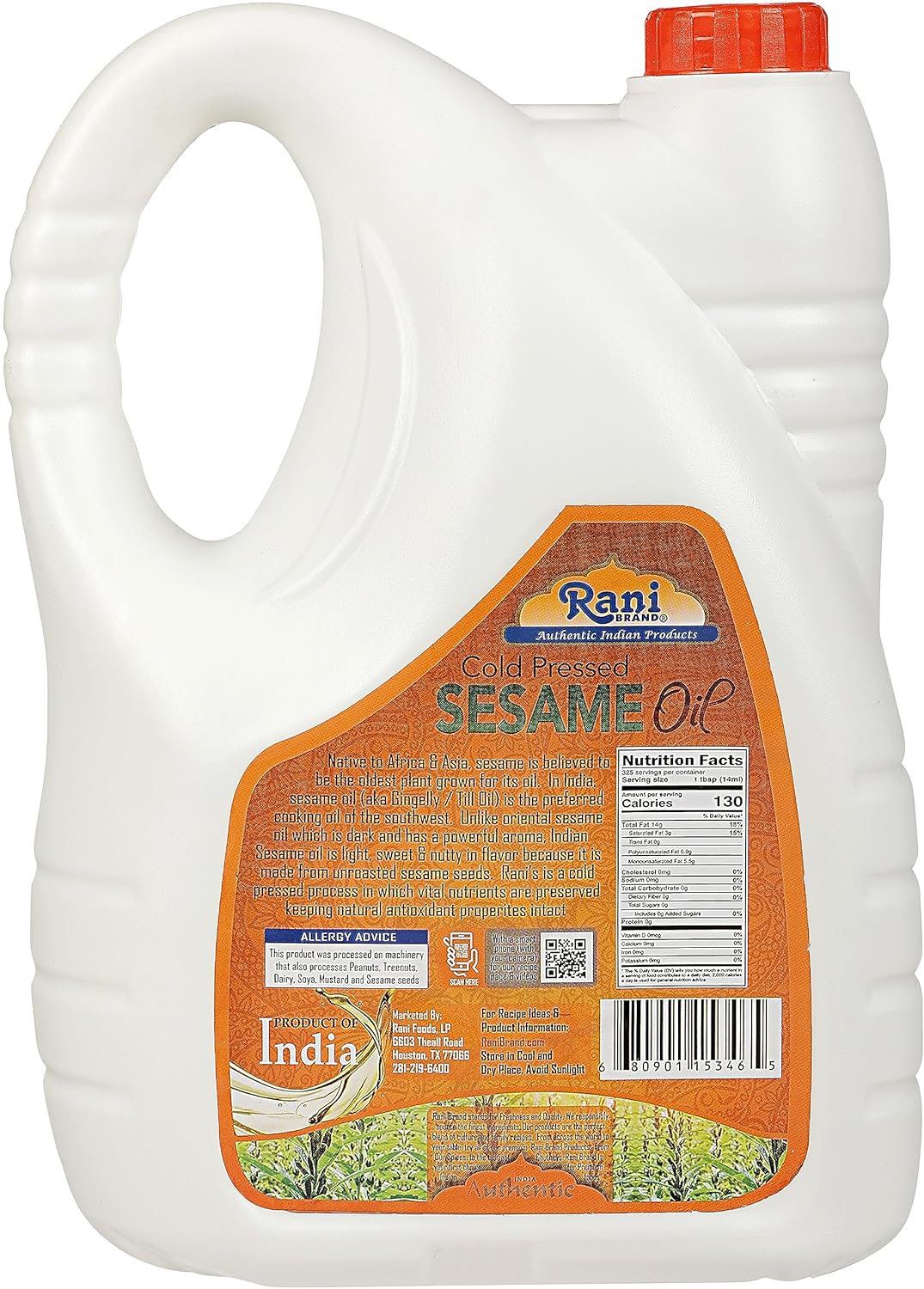 Rani Aceite de sésamo 169 onzas (5 litros) prensado en frío  100% natural  Sin OMG  Kosher  Vegano  Sin gluten