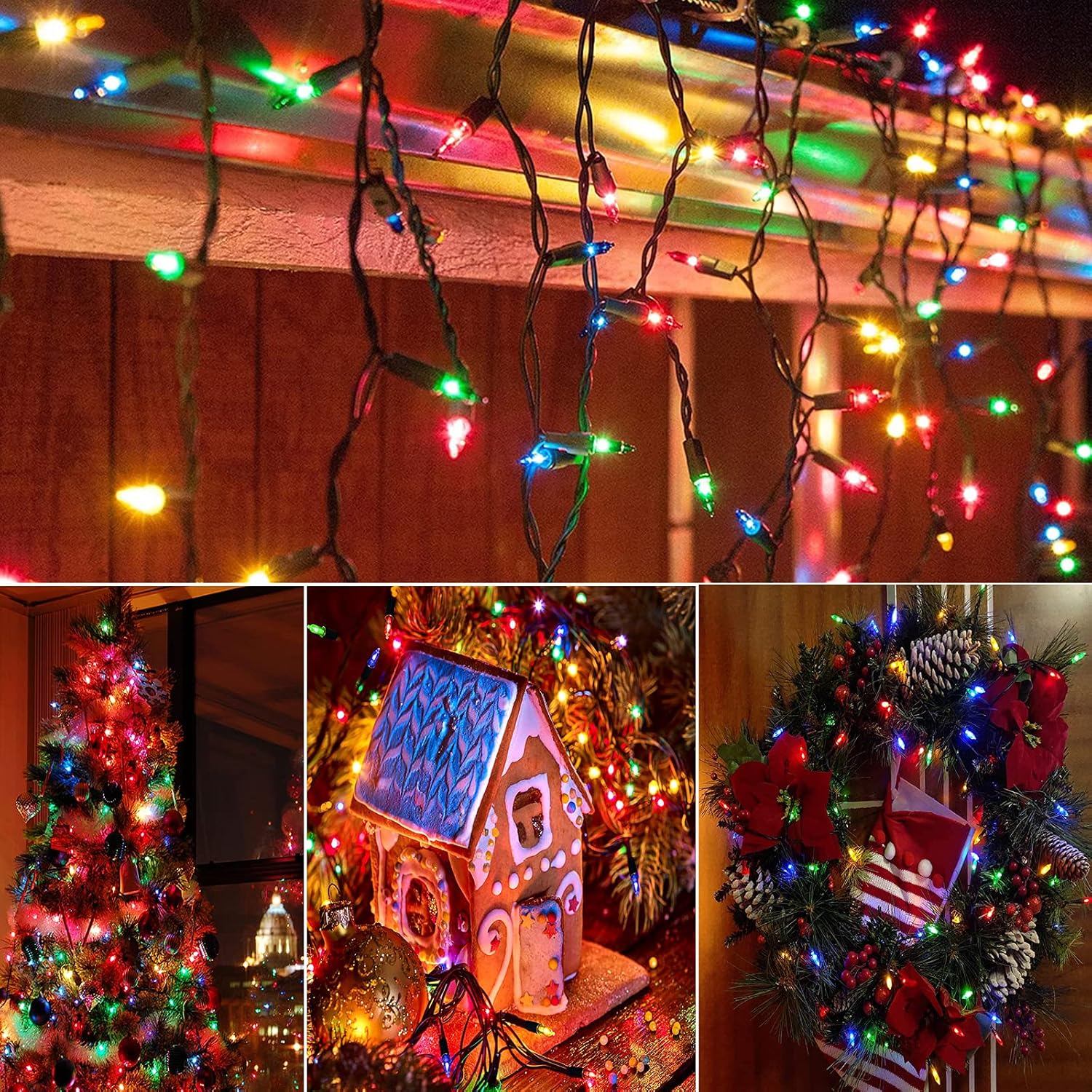 Luces de Navidad a pilas, paquete de 2 mini tiras de 50 luces LED de 17 pies con 8 modos de temporizador automático, luces de árbol impermeables