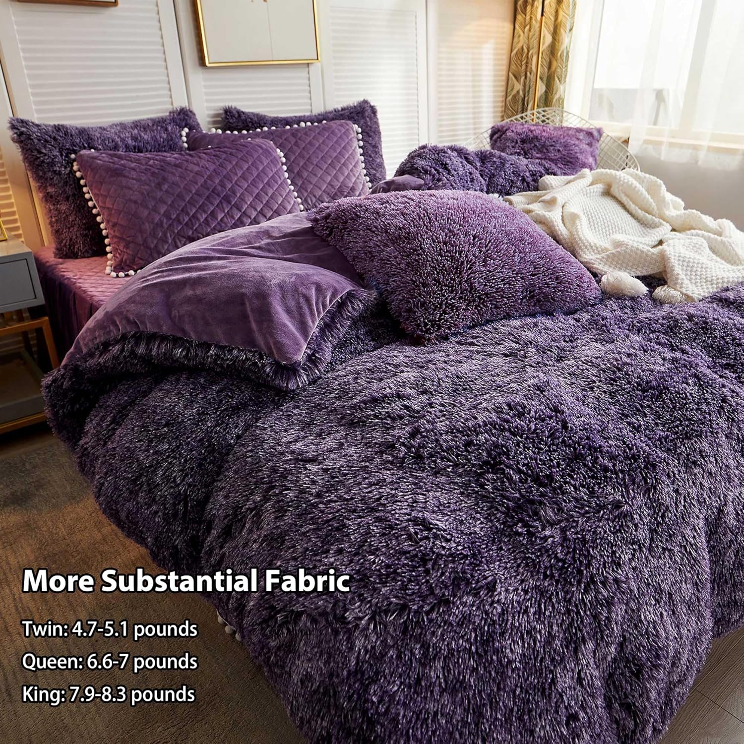 LIFEREVO – Juego de funda de duvet lujosa de felpa (1 funda de duvet de piel sintética + 2 fundas de almohada decorativa con borde de pompones),
