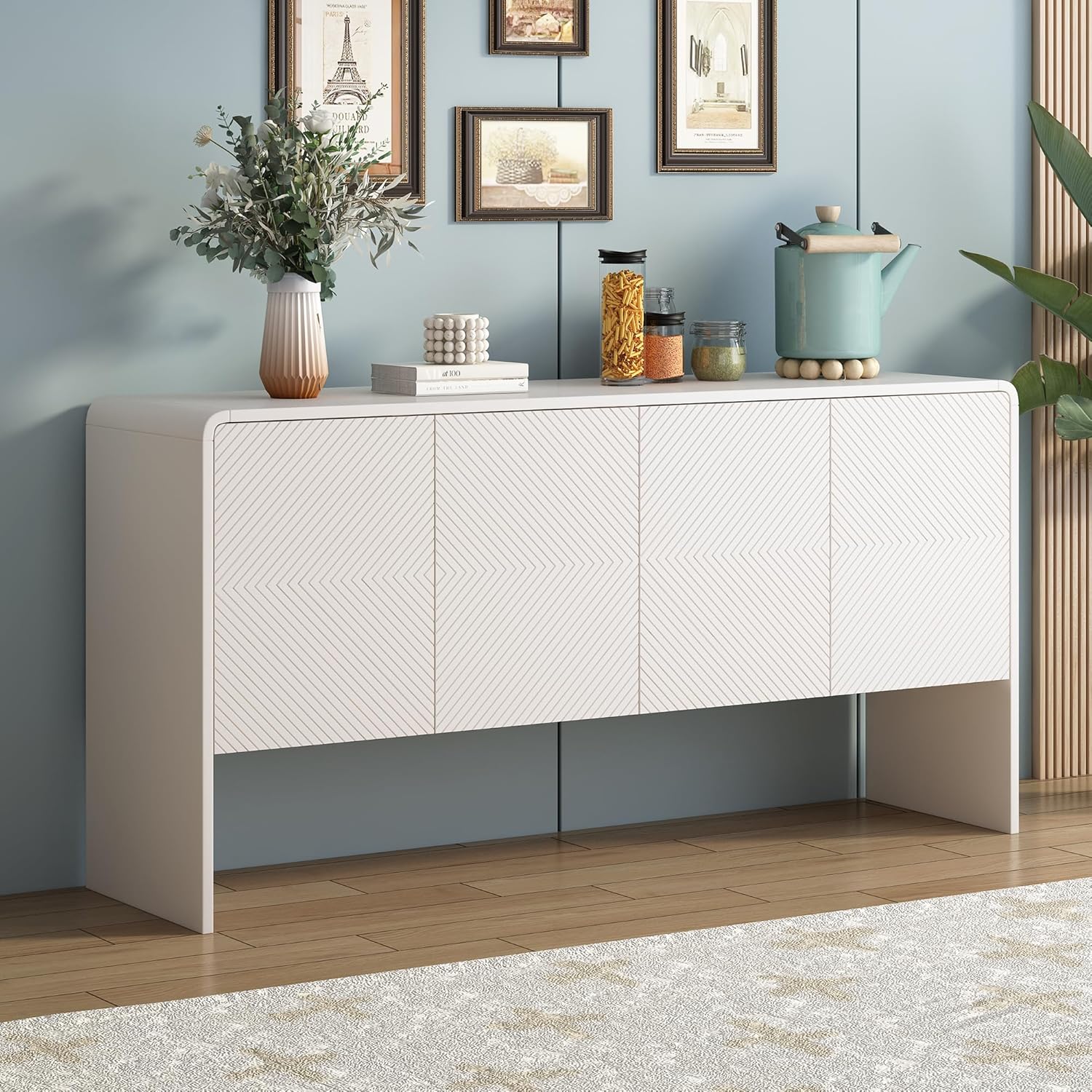 Armario de almacenamiento de estilo minimalista de 60 pulgadas de largo, mesa consola de madera, mesa de entrada con 4 puertas y dispositivo de