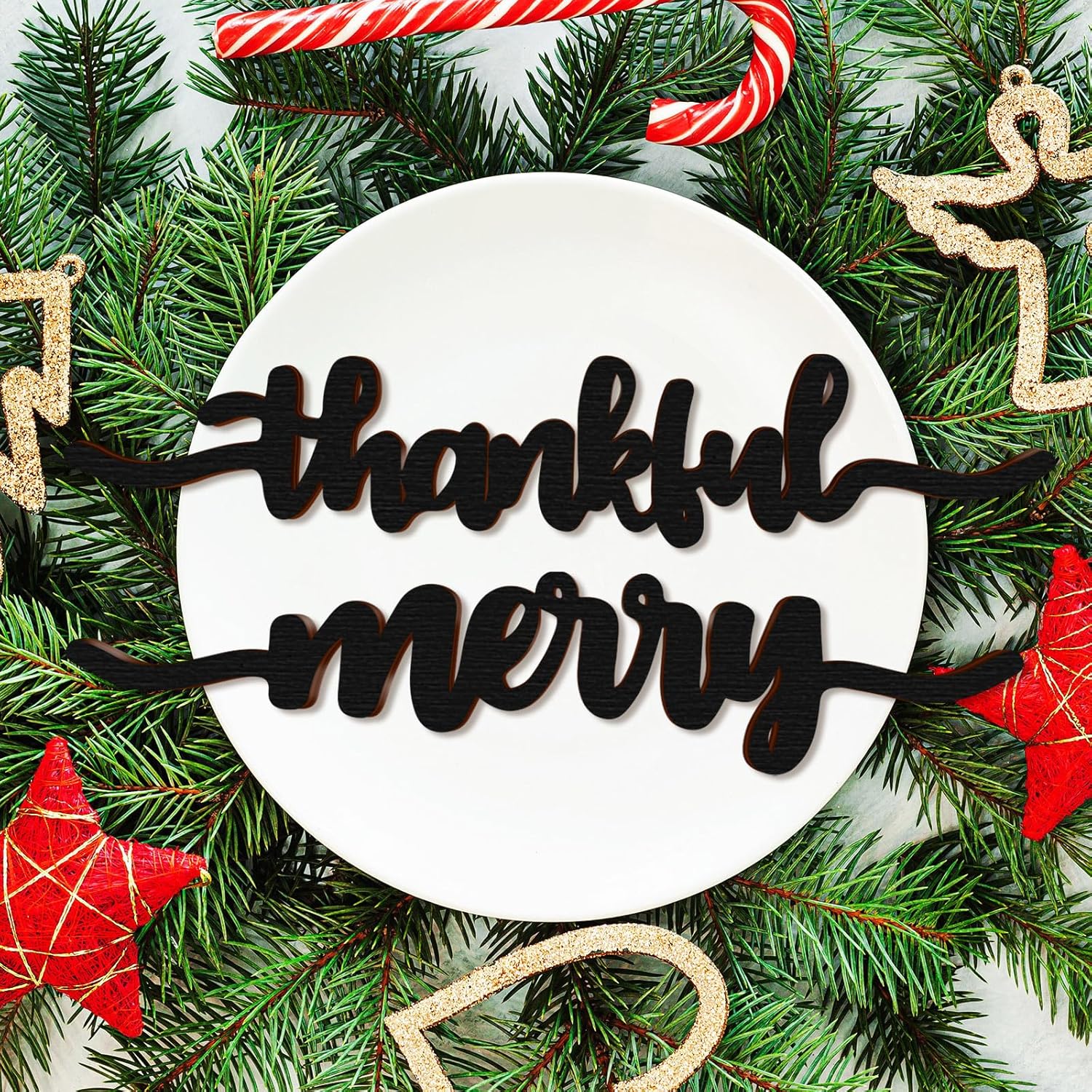 12 piezas Christmas Thankful Blessed Merry Joyful Peace Family con corte de madera rústico Thankful Plate Letrero de letras para decoración de