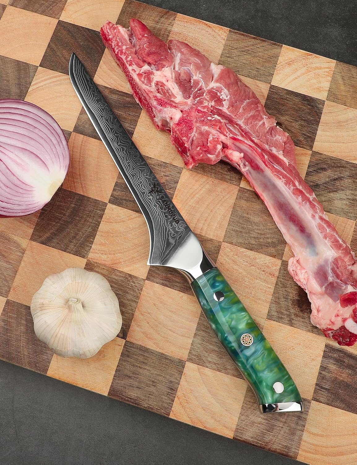 SANMUZUO Cuchillo Bonning – Cuchillo de filete de 7 pulgadas – Serie Xuan – Cuchillo de corte de carne de acero Damasco VG10 – Mango de resina
