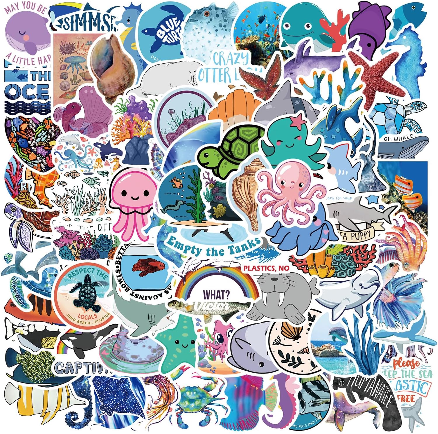 100 calcomanías de animales del océano para niños, calcomanías de vinilo para botellas de agua para laptop, equipaje, computadora, patineta,