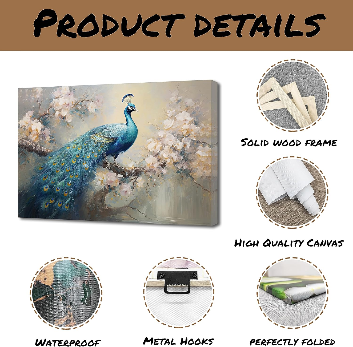 QIXIANG Lienzo decorativo para pared, diseño retro y elegante de pavo real sobre ramas de flores, impresiones de imágenes para decoración del hogar