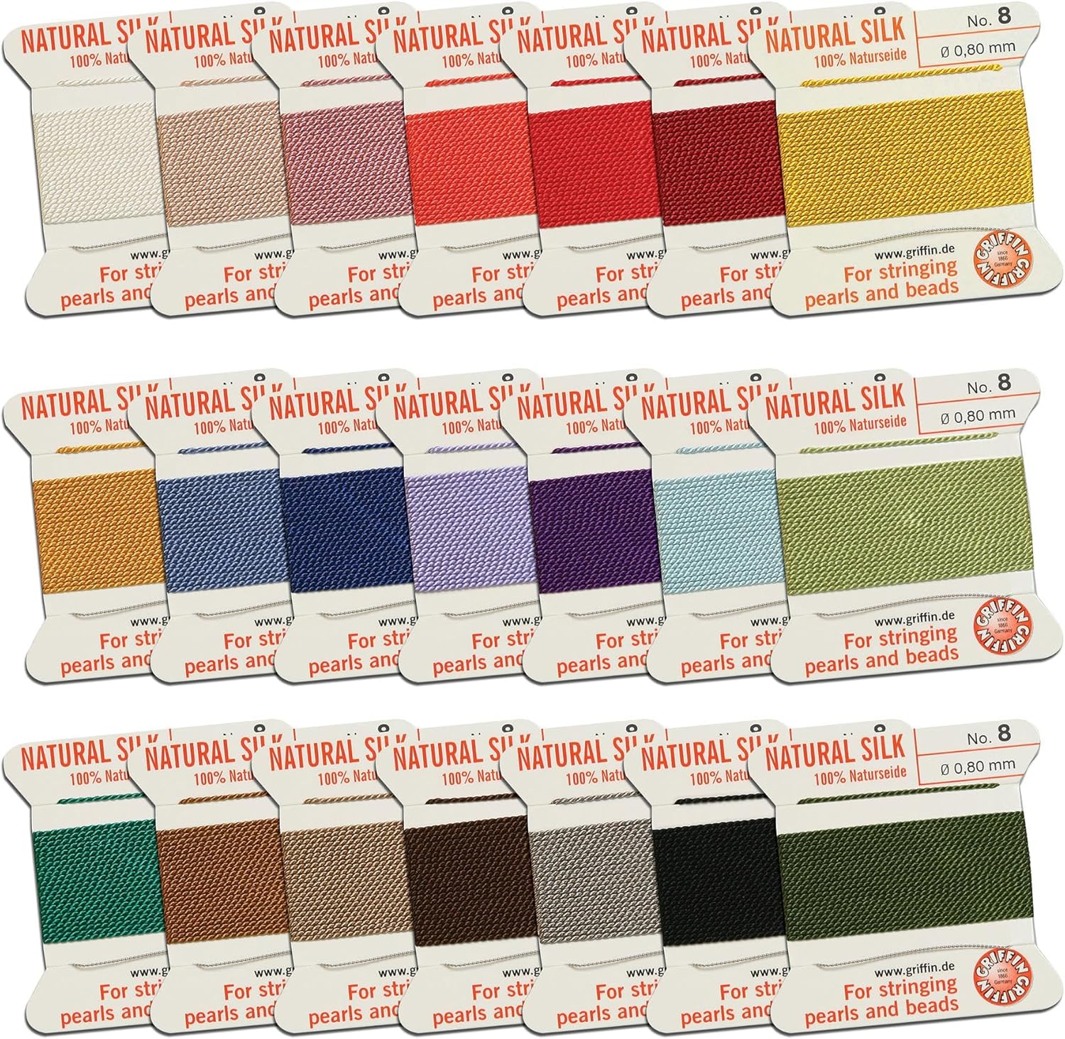 Cordón de cuentas de seda Perlseide  Tamaño 8 (0.031 in) 21 muestras de colores  6.6 ft por tarjeta  Aguja de acero inoxidable adjunta  para anudar