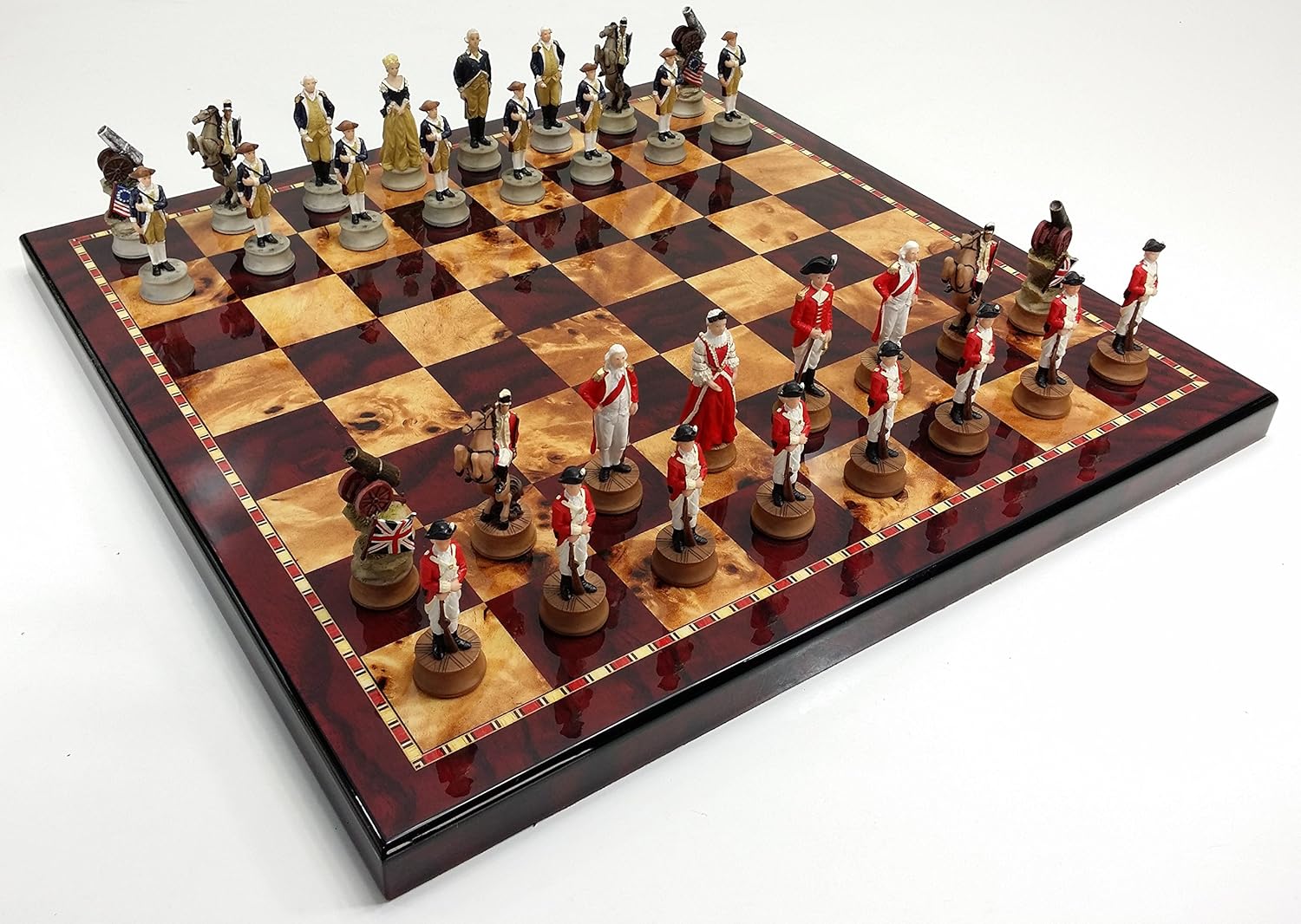 Juego de ajedrez de guerra de independencia revolucionaria americana con tablero de color cereza y Burlwood de 18 pulgadas