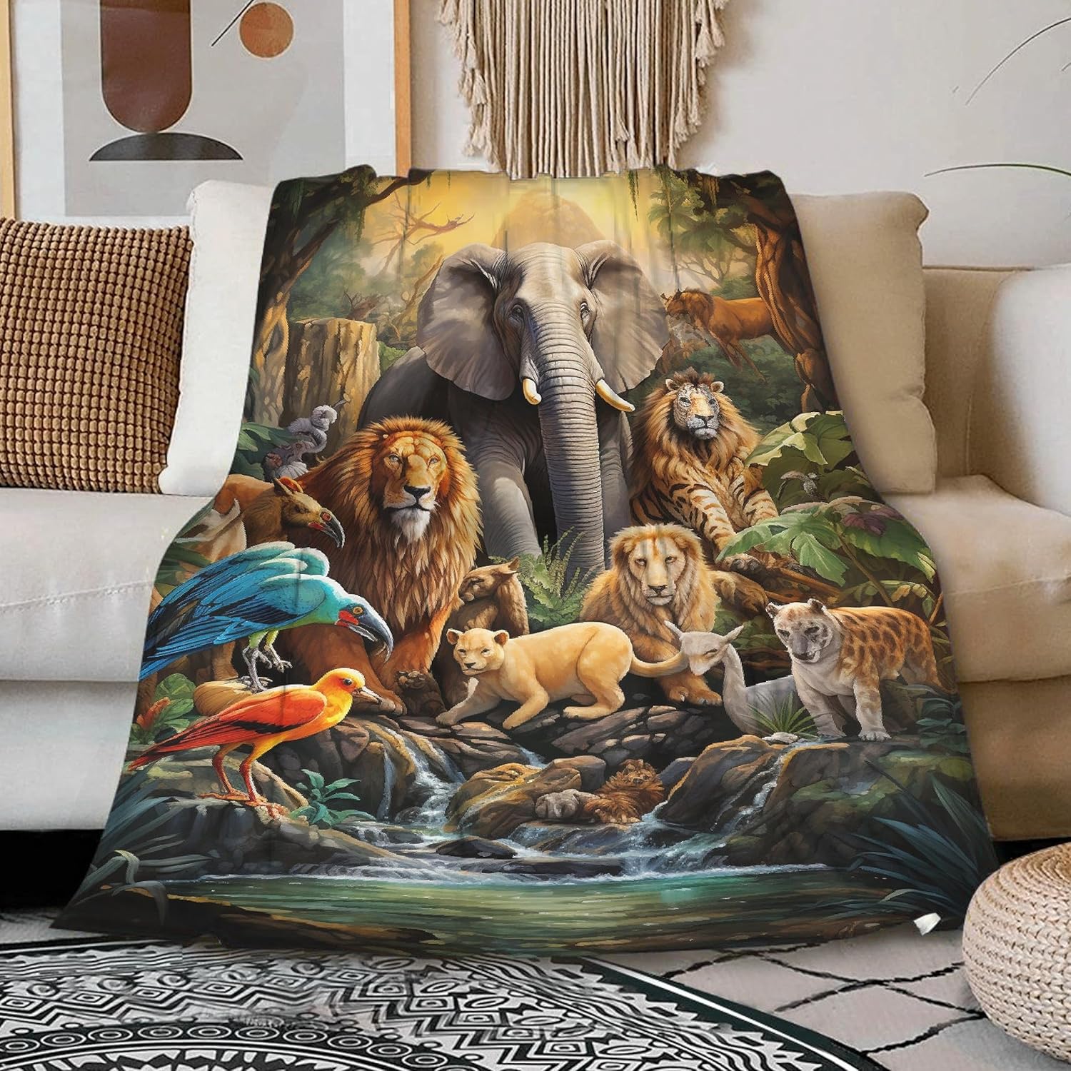 Manta de franela ultrasuave de forro polar con animales modernos, safari, gato salvaje, león, África, para todas las estaciones, manta cálida y