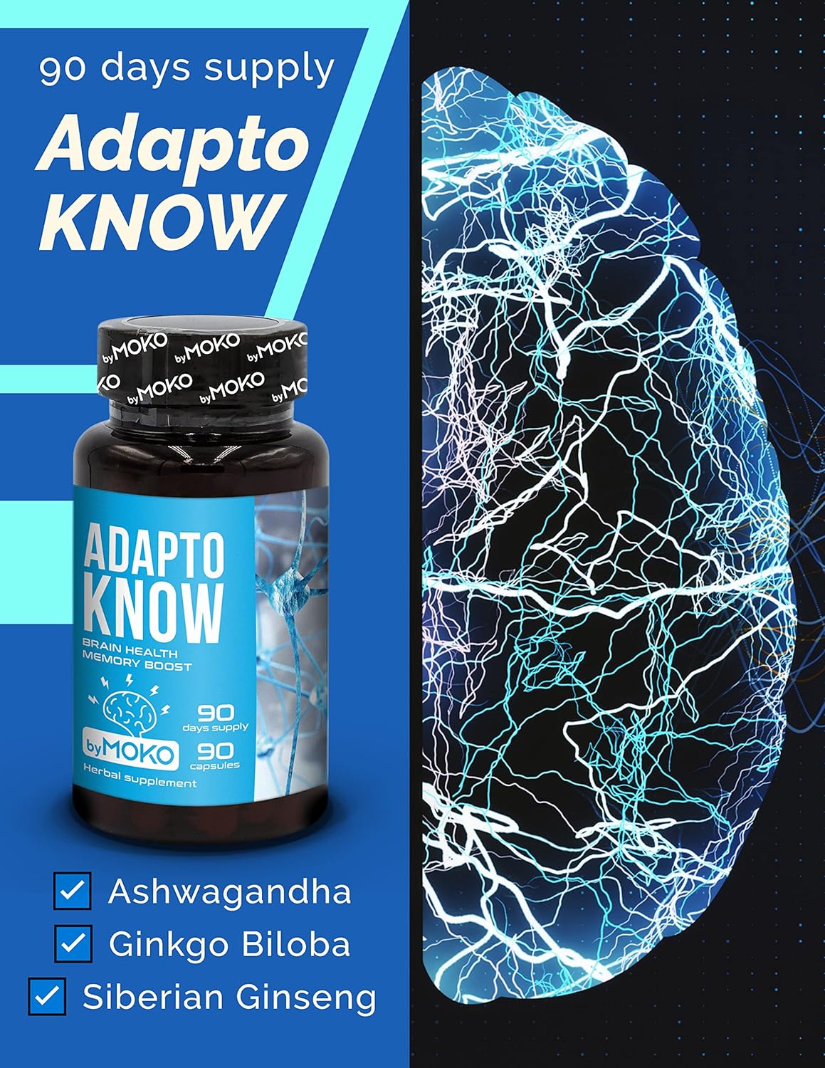 AdaptoKNOW Suplemento cerebral para memoria, concentración y concentración  Ashwagandha Ginkgo Biloba Siberian Ginseng Siberiano Nootropics