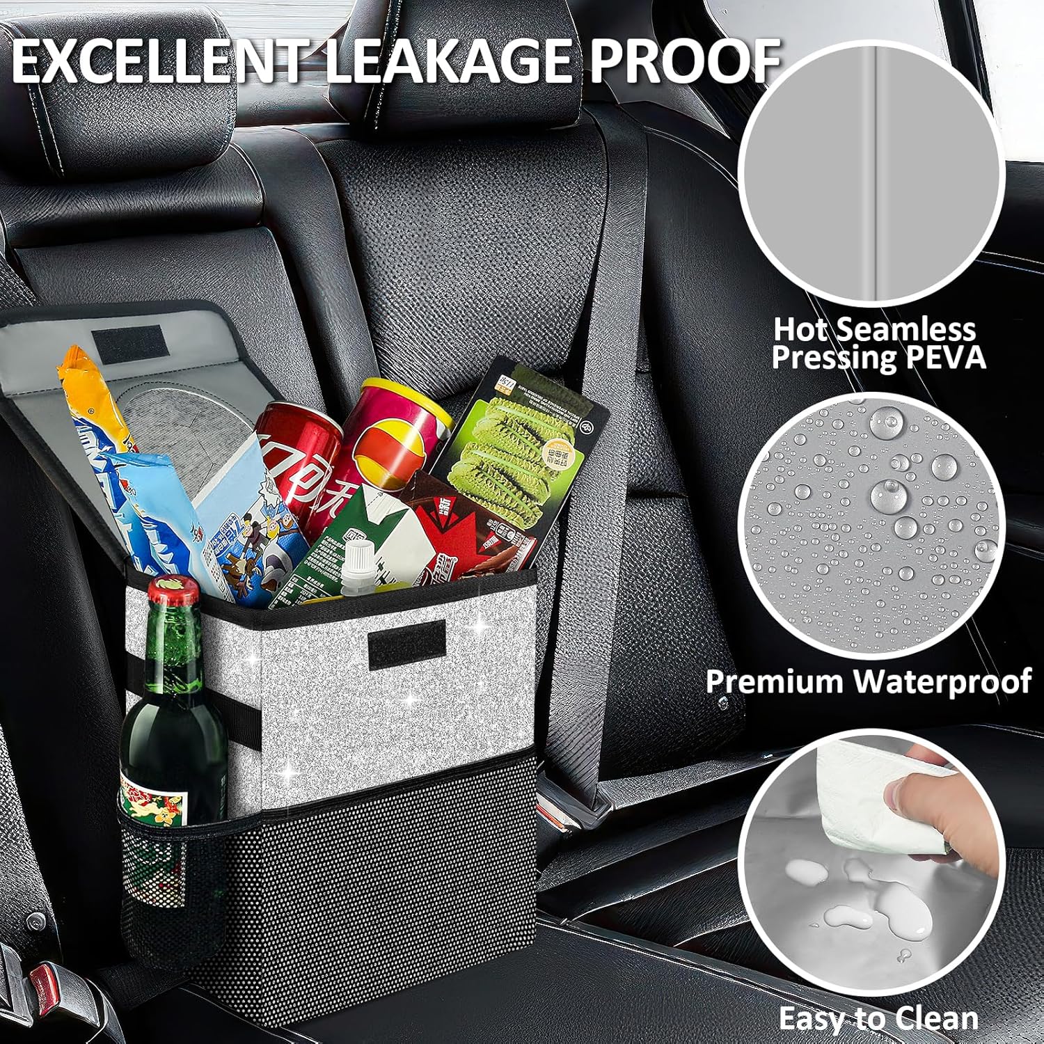 Bote de basura para automóvil, bonita bolsa de basura para automóvil con tapa, cubo de basura con purpurina para colgar para asiento trasero,