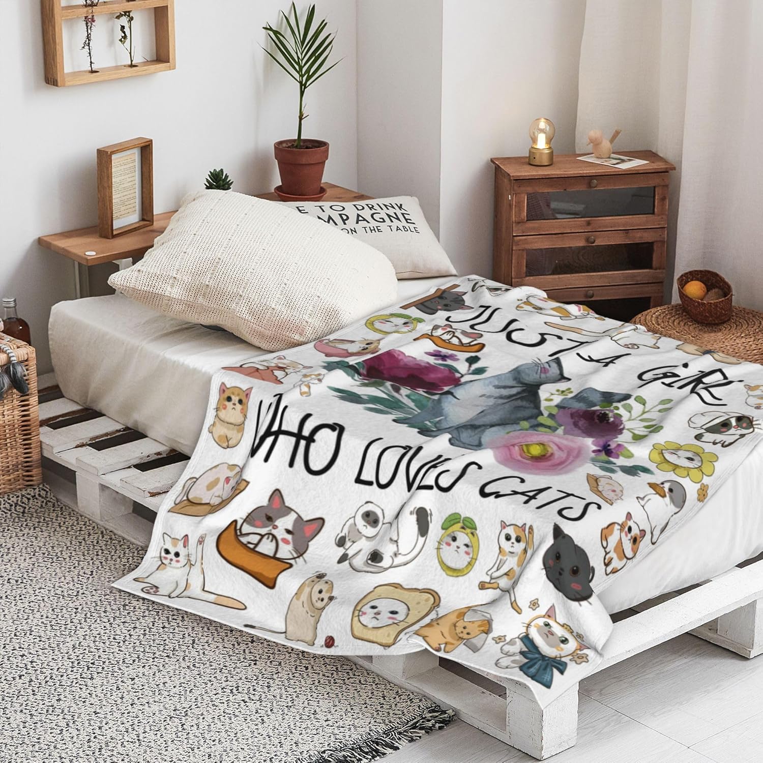 Manta de franela ultrasuave con diseño de gato con la frase “Just a Girl Who Loves Cat”, regalos para amantes de los gatos, manta ligera y acogedora