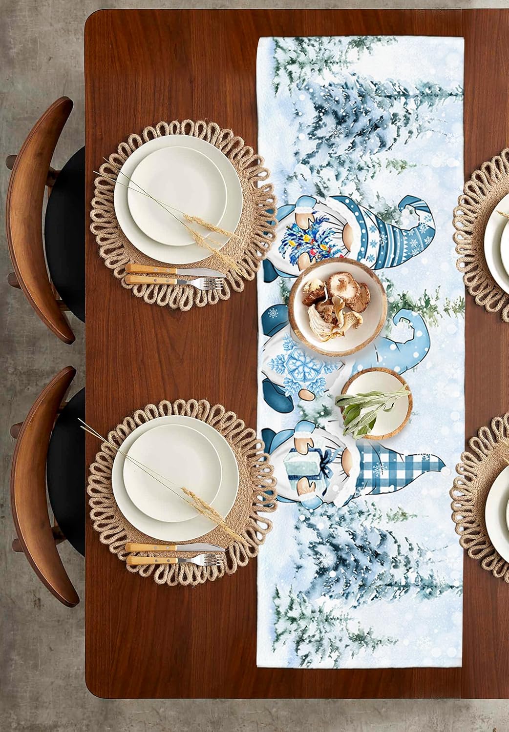 Camino de mesa azul de Navidad de 36 pulgadas, corto, de lino de algodón, cocina, comedor, mesa de café, decoración de tocador, camino de mesa de