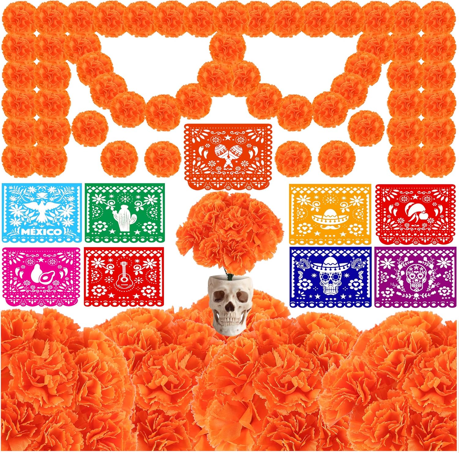 59 pancartas mexicanas de caléndula artificiales, flores de caléndula artificiales, flores naranjas de seda para el Día de los Muertos, Día de los