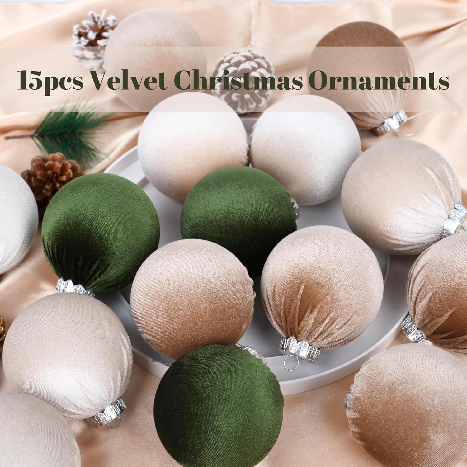 Bolas de terciopelo para árbol de Navidad, paquete de 15 bombillas de Navidad inastillables, multicolor, verde, marrón, neutro, 3.150 in, 3.15