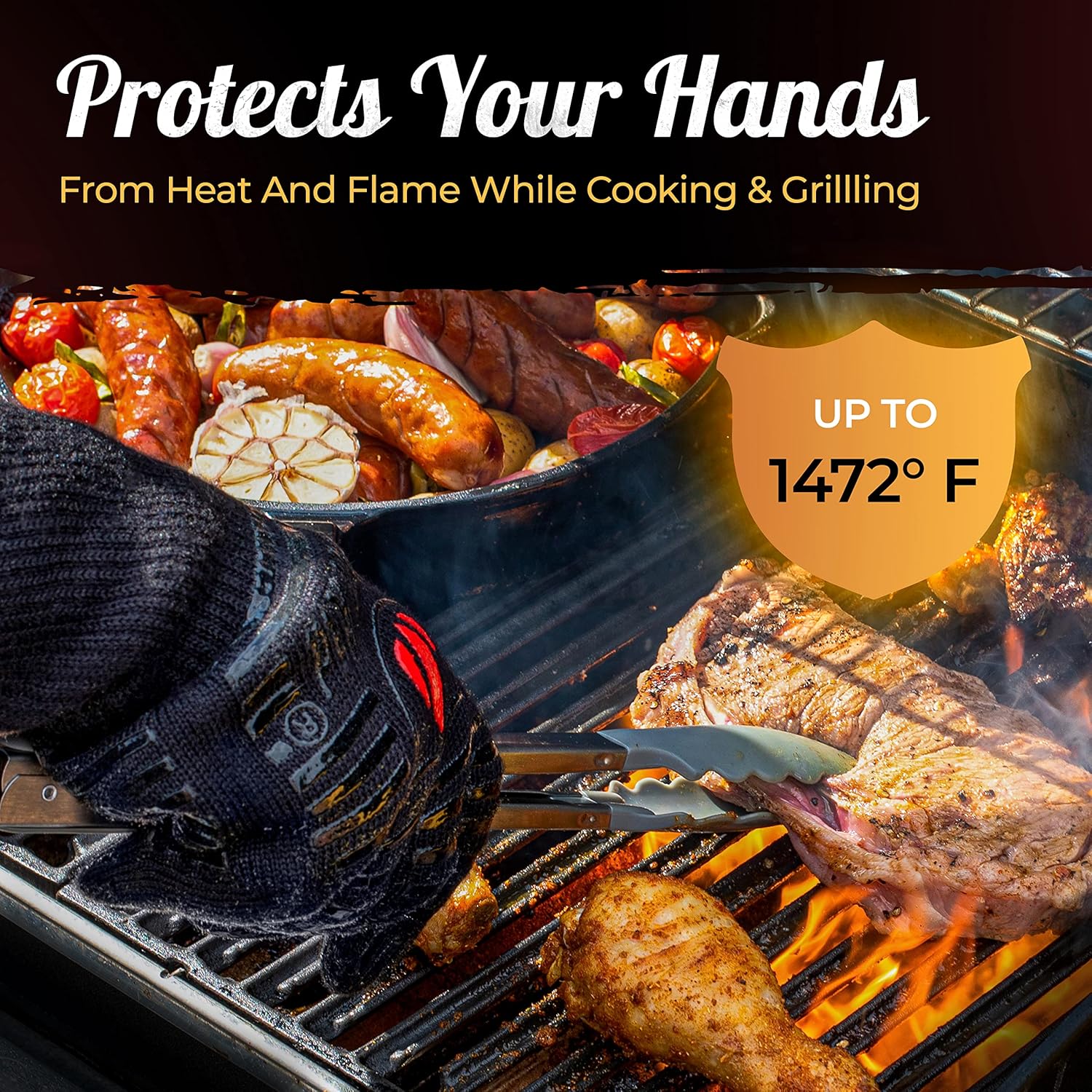 Guantes de barbacoa de puño más largo  1472F guantes resistentes al calor extremo para parrilla, guantes de parrilla a prueba de calor para hombres,