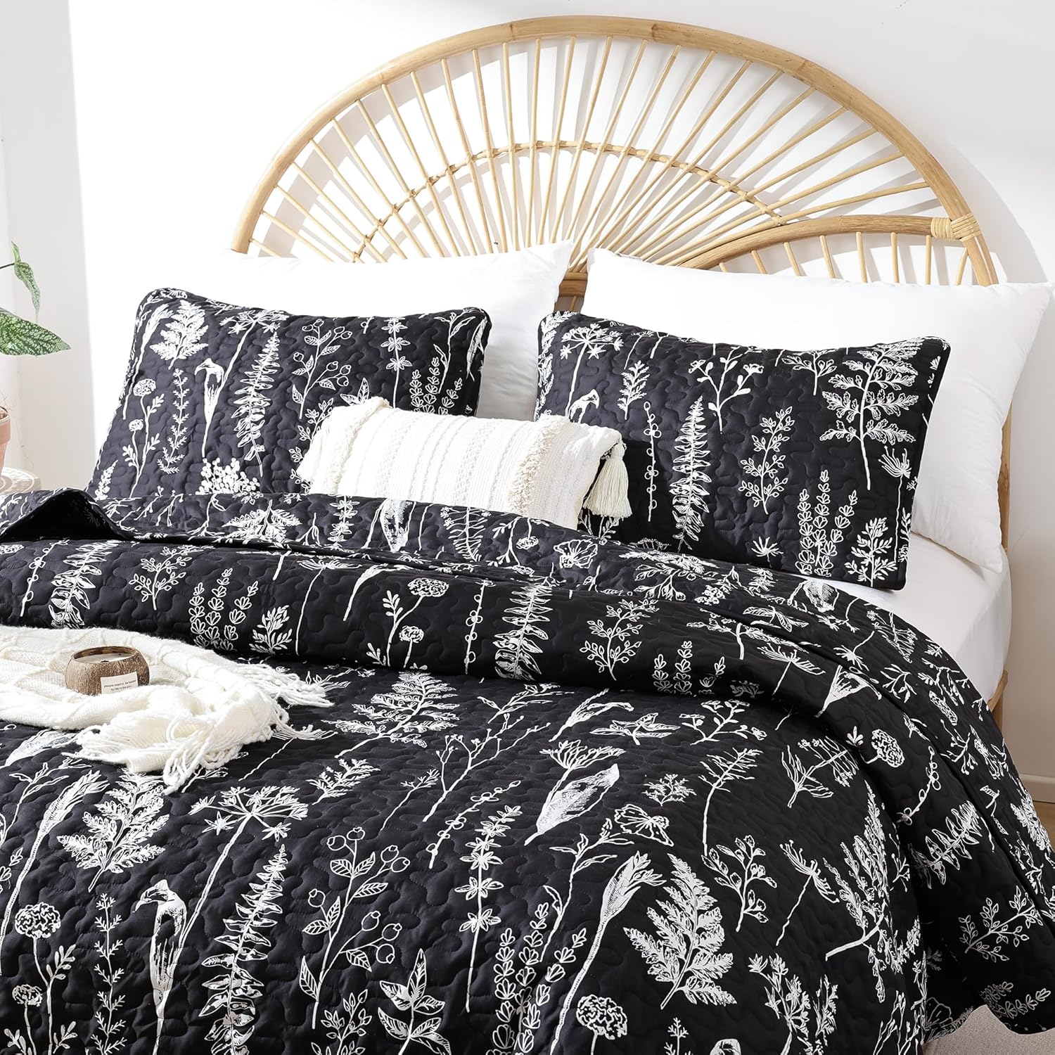 JANZAA Colchas negras tamaño Queen botánico de 3 piezas con patrón floral de microfibra ligera reversible 1 edredón tamaño Queen y 2 fundas de