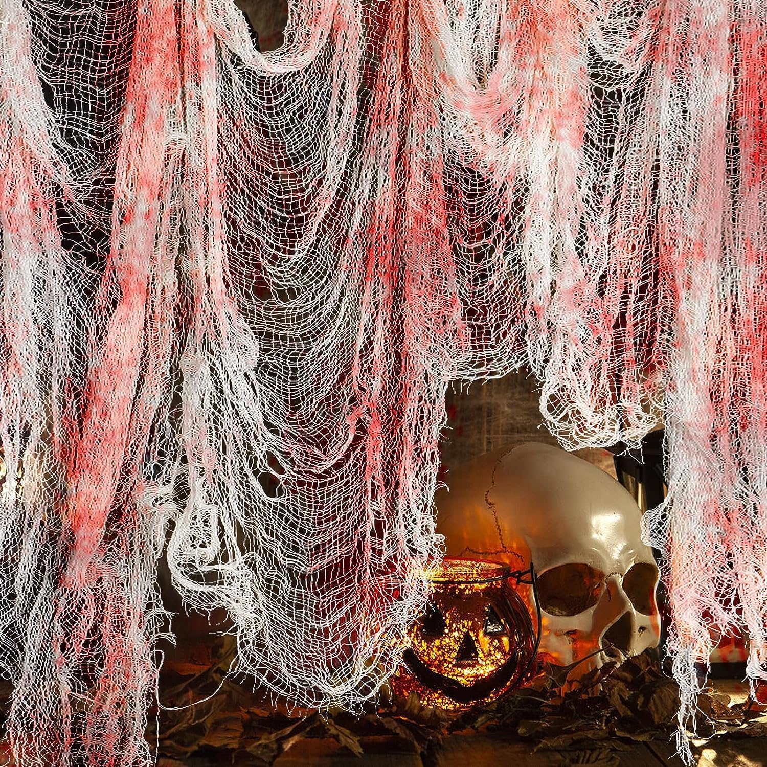 KSTBJN Tela espeluznante de Halloween, 2 piezas de tela roja sangrienta de Halloween, decoración de pared de habitación, gasa elástica para casa