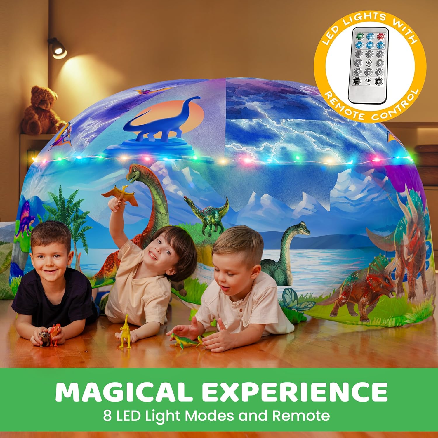 W&O Dino Aerodome con luces LED  Tienda de campaña de aire  Tienda de campaña inflable para niños  Tienda de campaña de dinosaurios  Tienda de