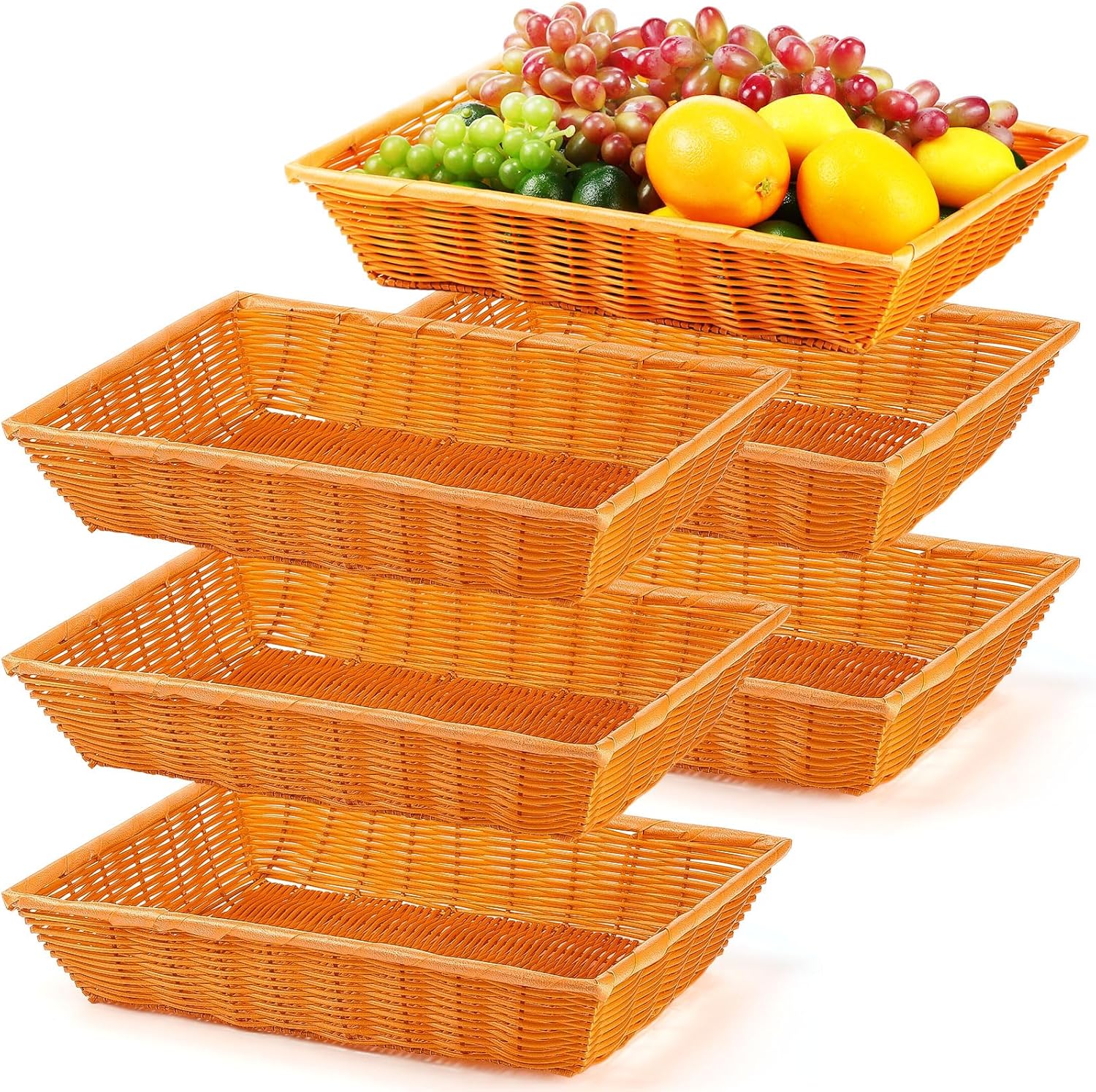 Paquete de 6 cestas de pan de mimbre de polietileno, 16 pulgadas, cestas de pan tejidas de ratán de imitación rectangular, apilable, cesta de mimbre