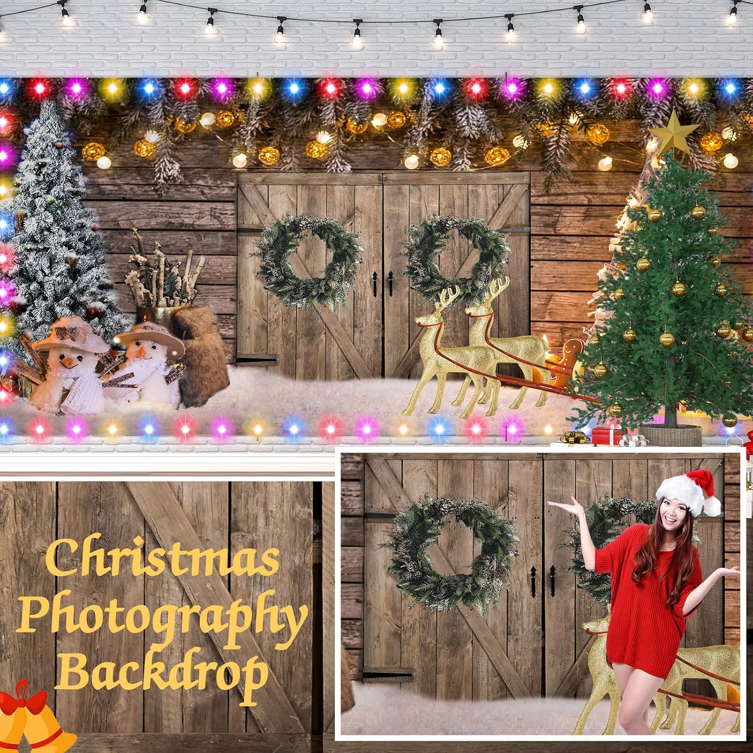 Cartel de Navidad de 7 x 16 pies para puerta de garaje de granero de Navidad, decoración de fondo grande de Navidad con tira de luces LED,